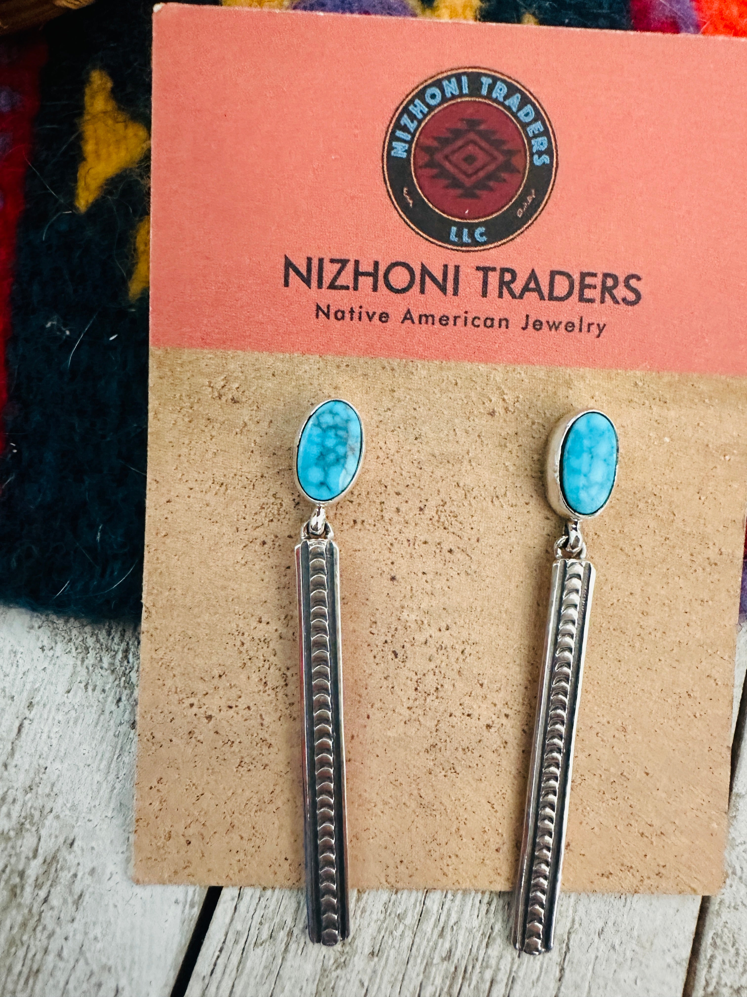 Navajo Golden Hills Turquoise & Sterling Silver Drop Dangle Earrings Signed