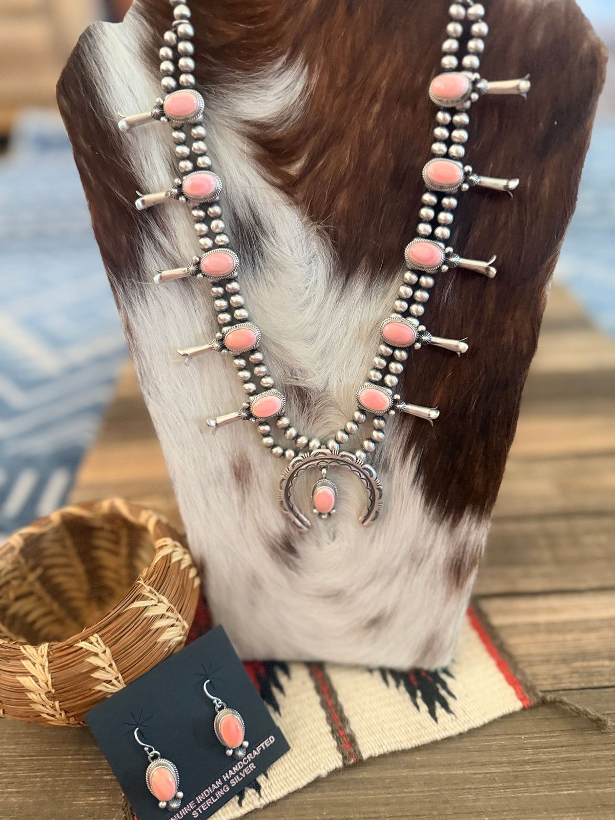 Handcrafted Queen Pink Conch & Sterling Silver Beaded Squash Blossom Necklace Set by Melvin Francis