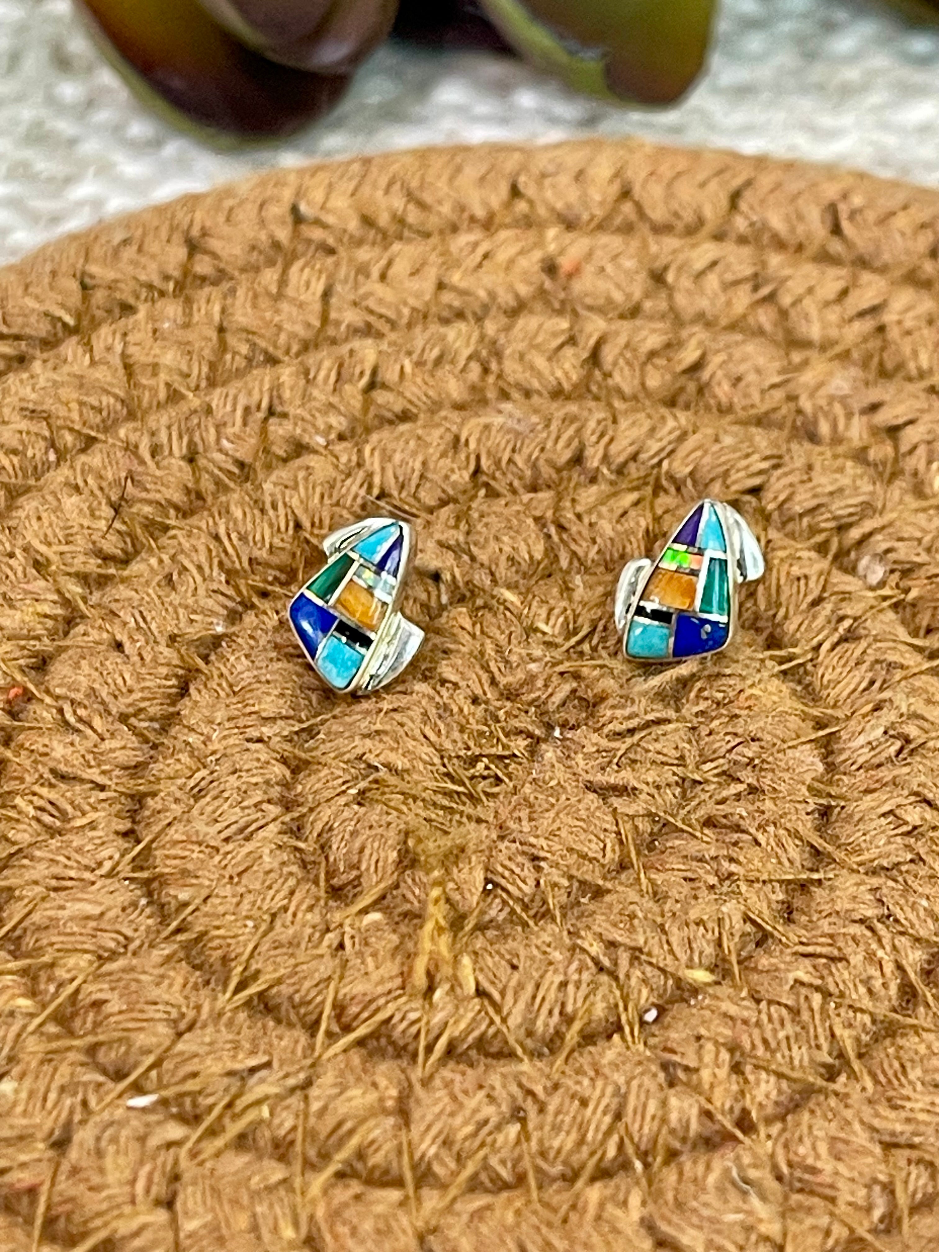 Gorgeous Handmade Sterling Silver & Multi Stone Inlay Stud Earrings