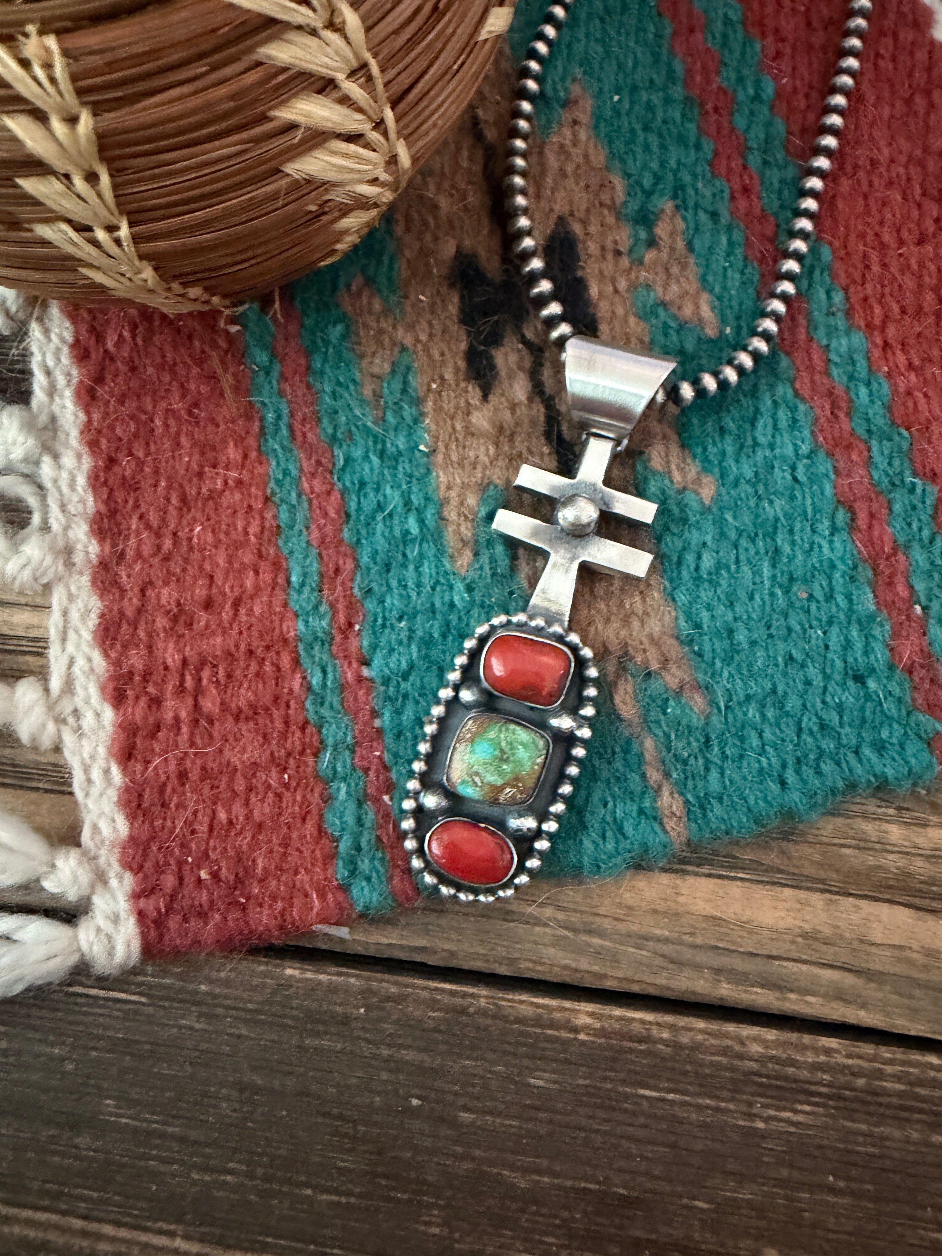 Handcrafted Sterling Silver, Coral & Sonoran Gold Turquoise Pendant by Chimney Butte
