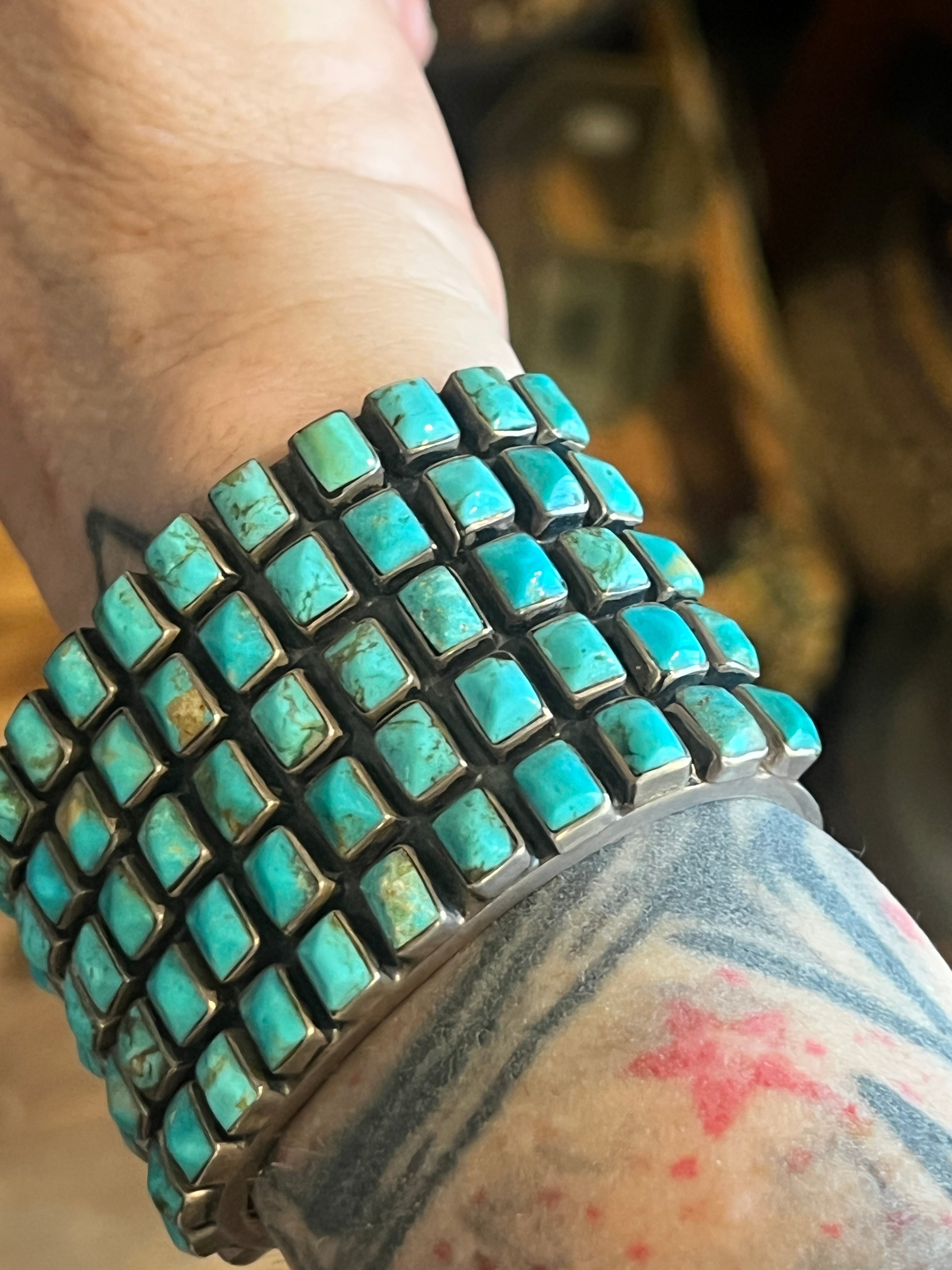 Hefty Old Pawn Sterling Silver and Turquoise 5 Row Cuff Bracelet by Federico Jimenez