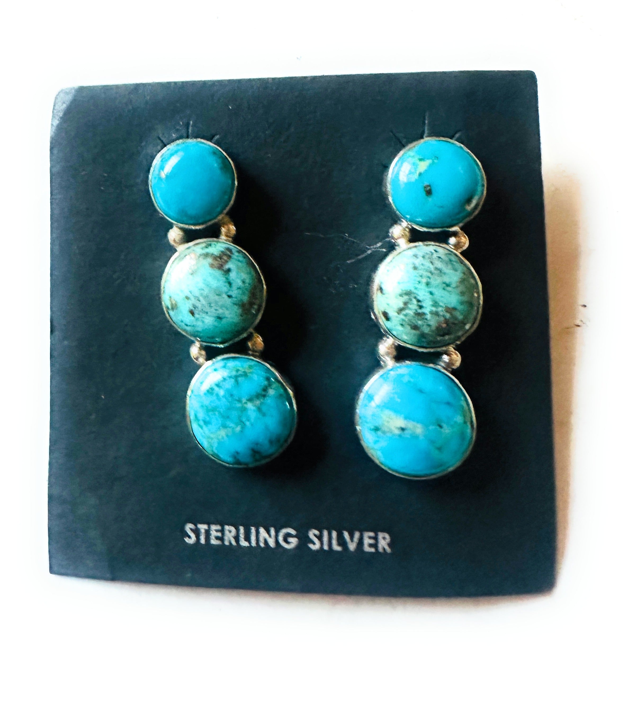 Navajo 3-Stone Turquoise And Sterling Silver Dangle Earrings