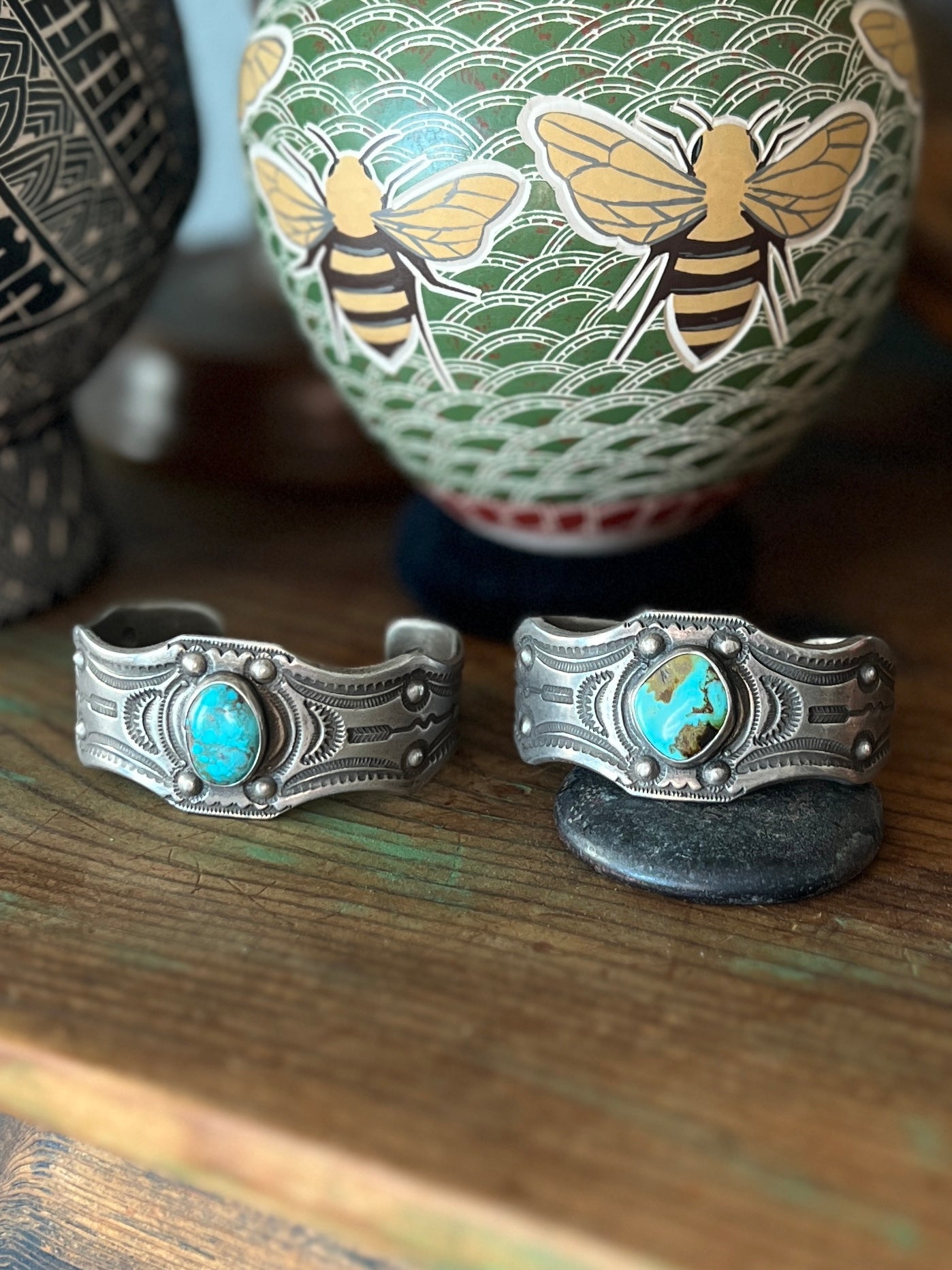 Hand Forged Old Pawn Sterling Silver & Turquoise Ingot Cuff Bracelets by Santa Fe Artist, Buffalo: The Twins