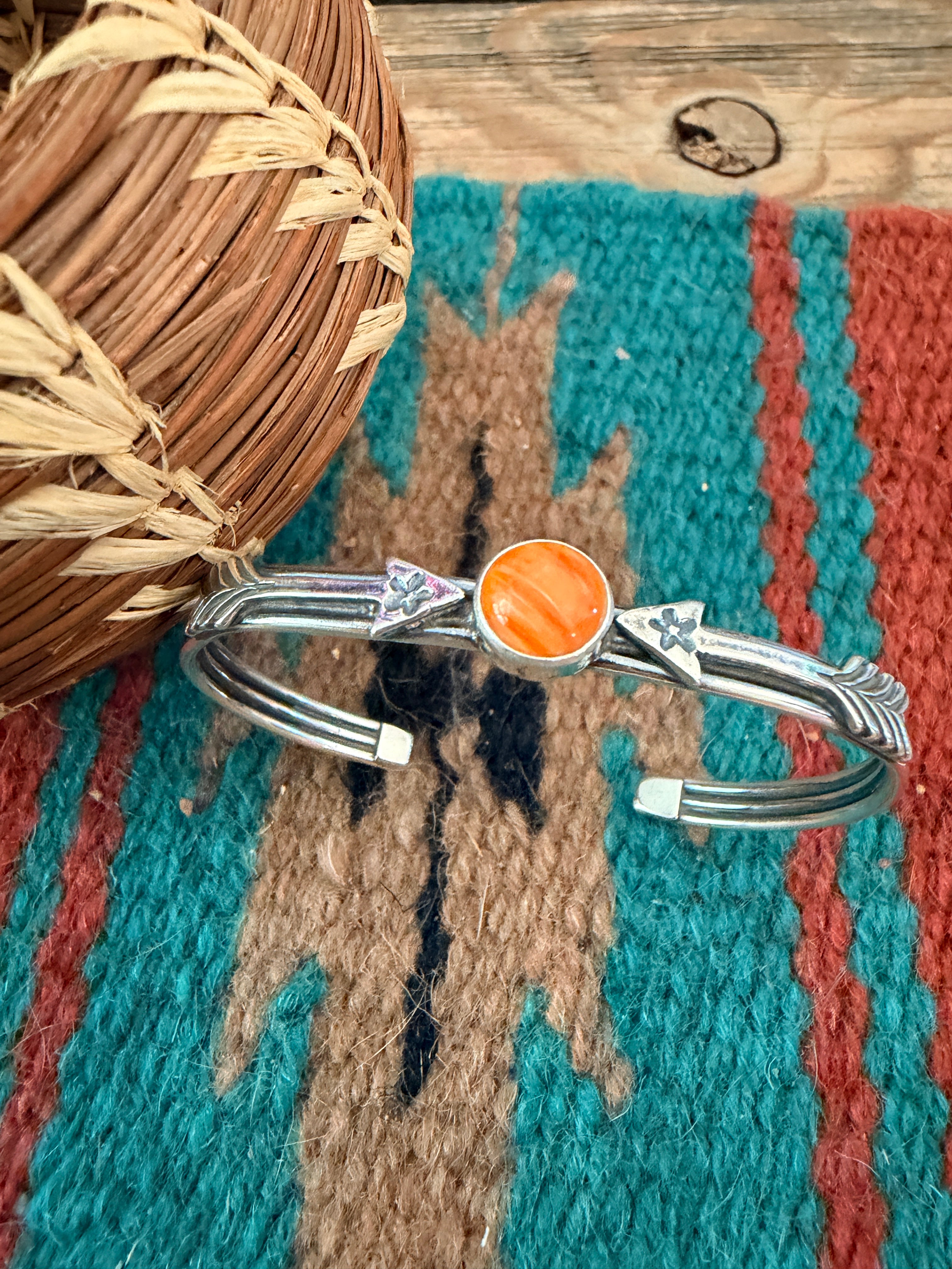 Handcrafted Sterling Silver & Orange Spiny Oyster Arrow Cuff Bracelet