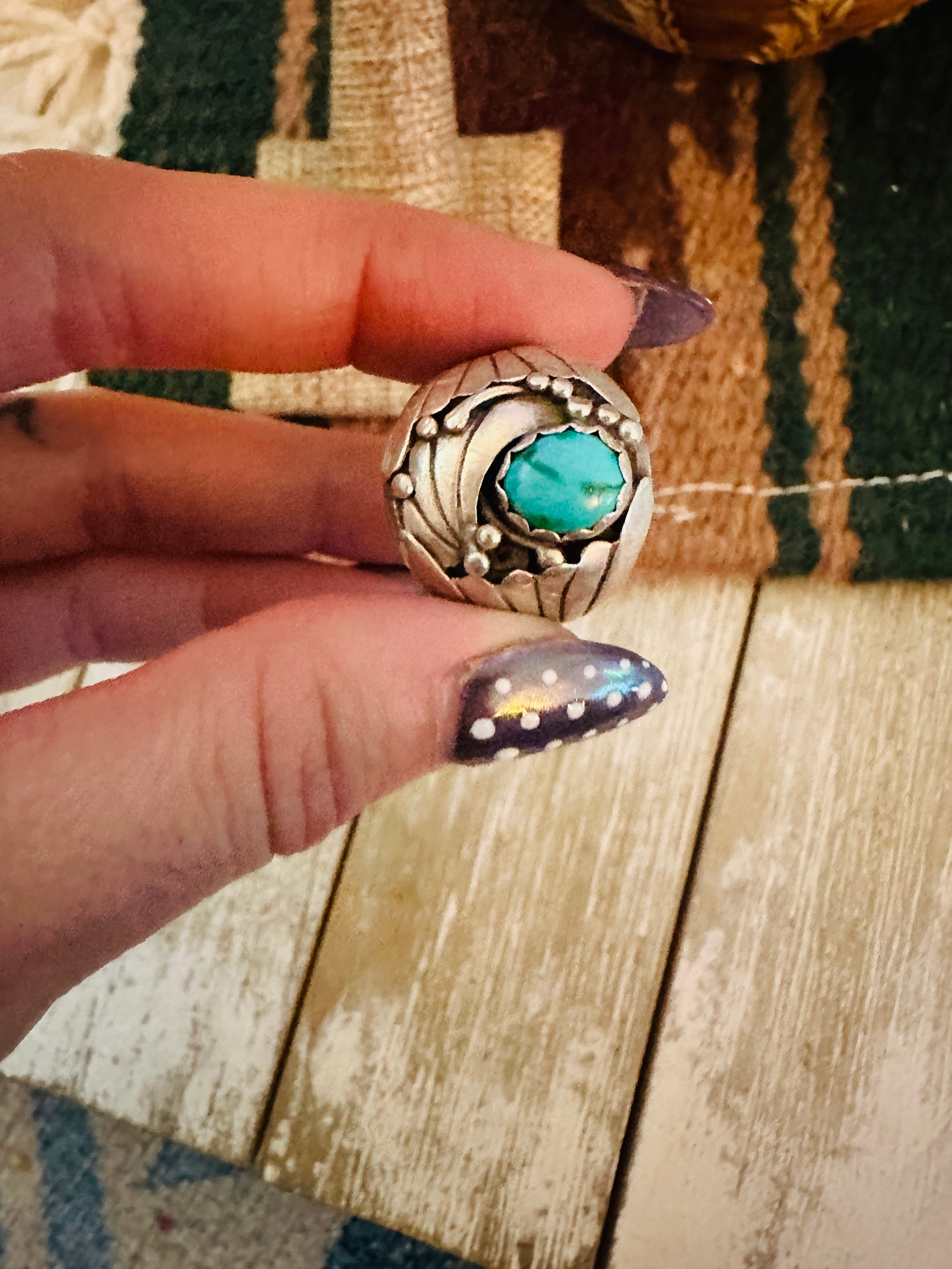 Old Pawn Handcrafted Turquoise, Coral & Sterling Silver Ring Size 5.5