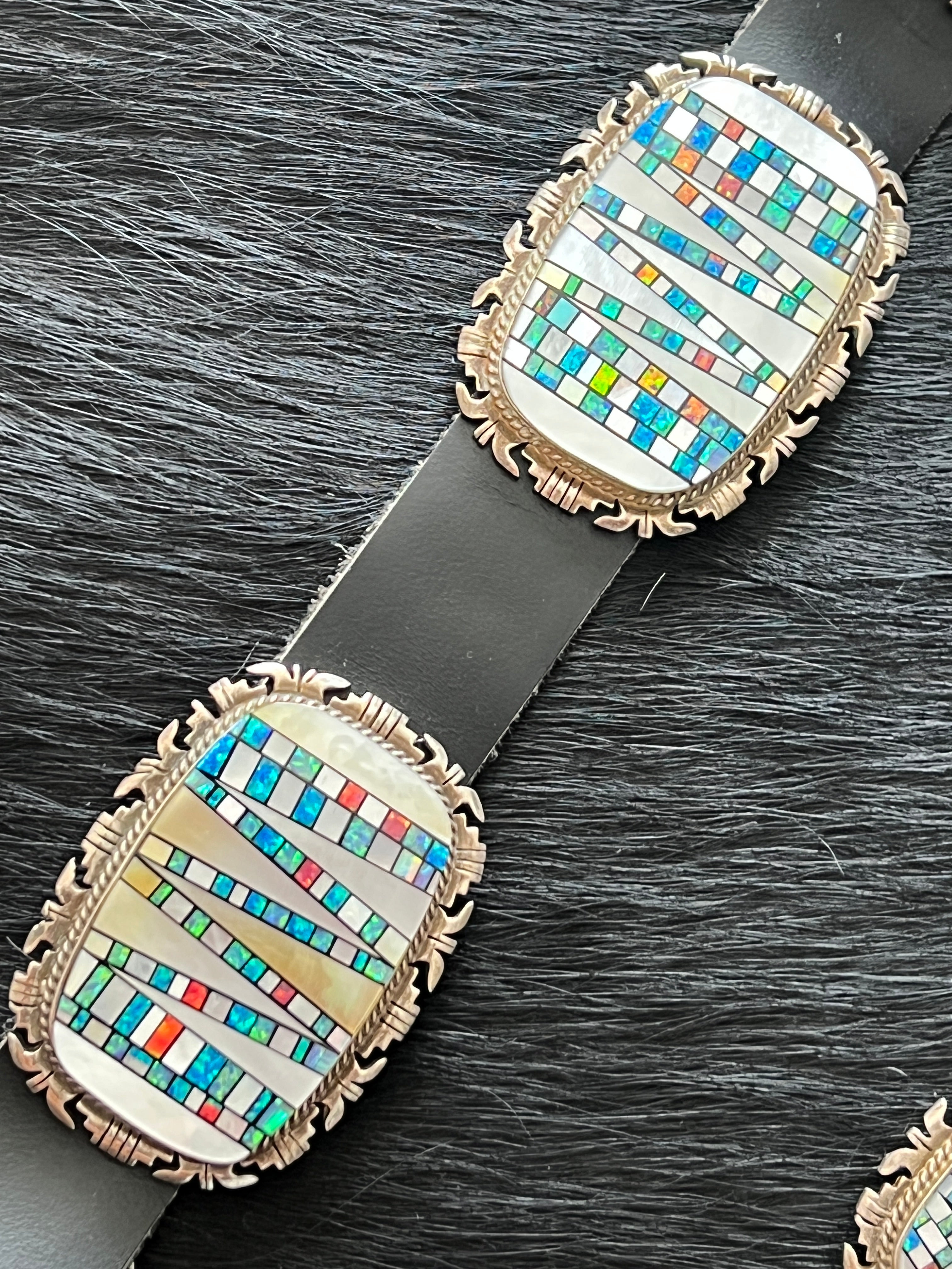 Tremendous Old Pawn Handcrafted Sterling Silver, Mother of Pearl and Opal Inlay Concho Belt by Albert Francisco