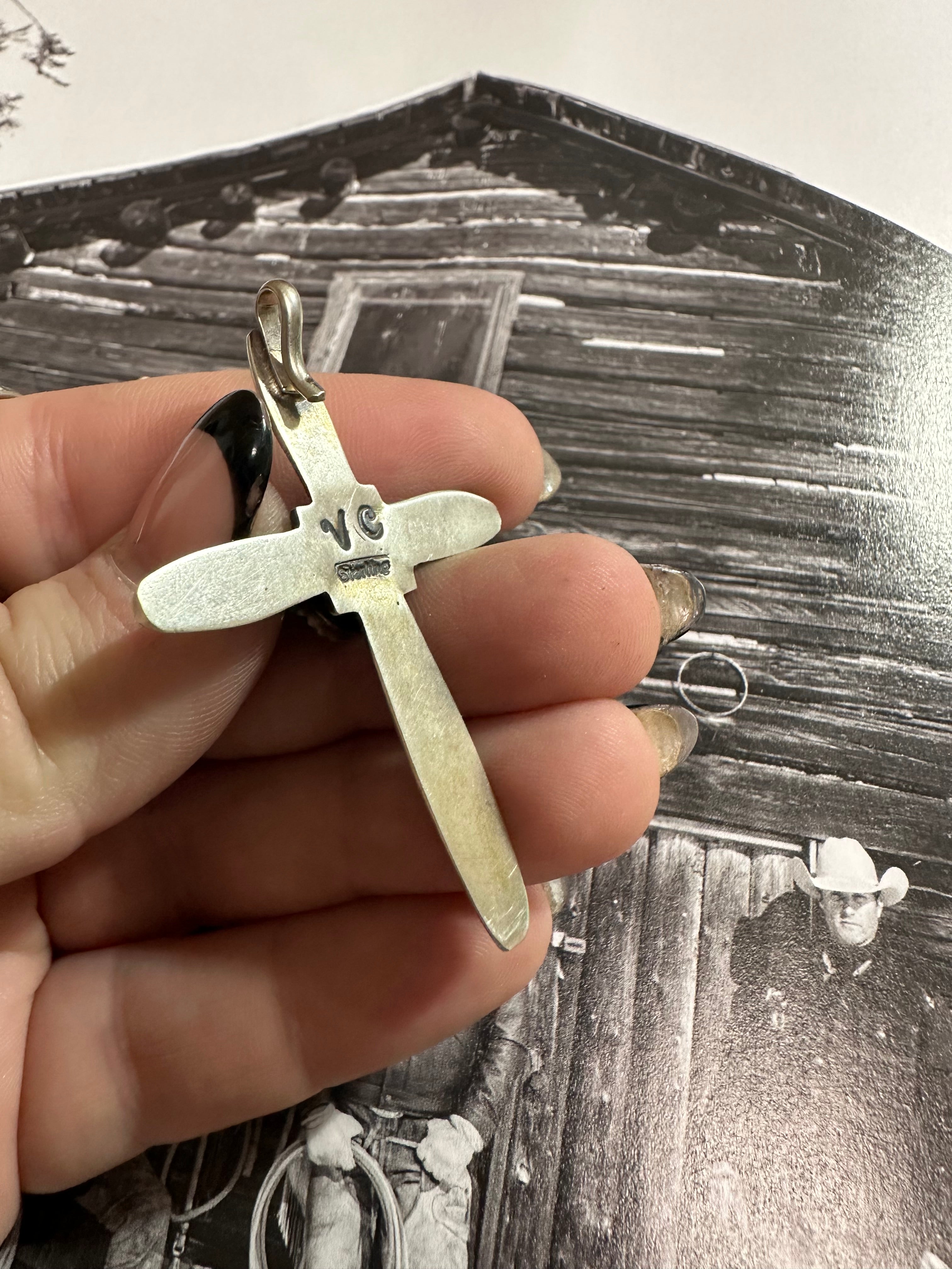 Beautiful Navajo Turquoise & Sterling Silver Cross Pendant Signed