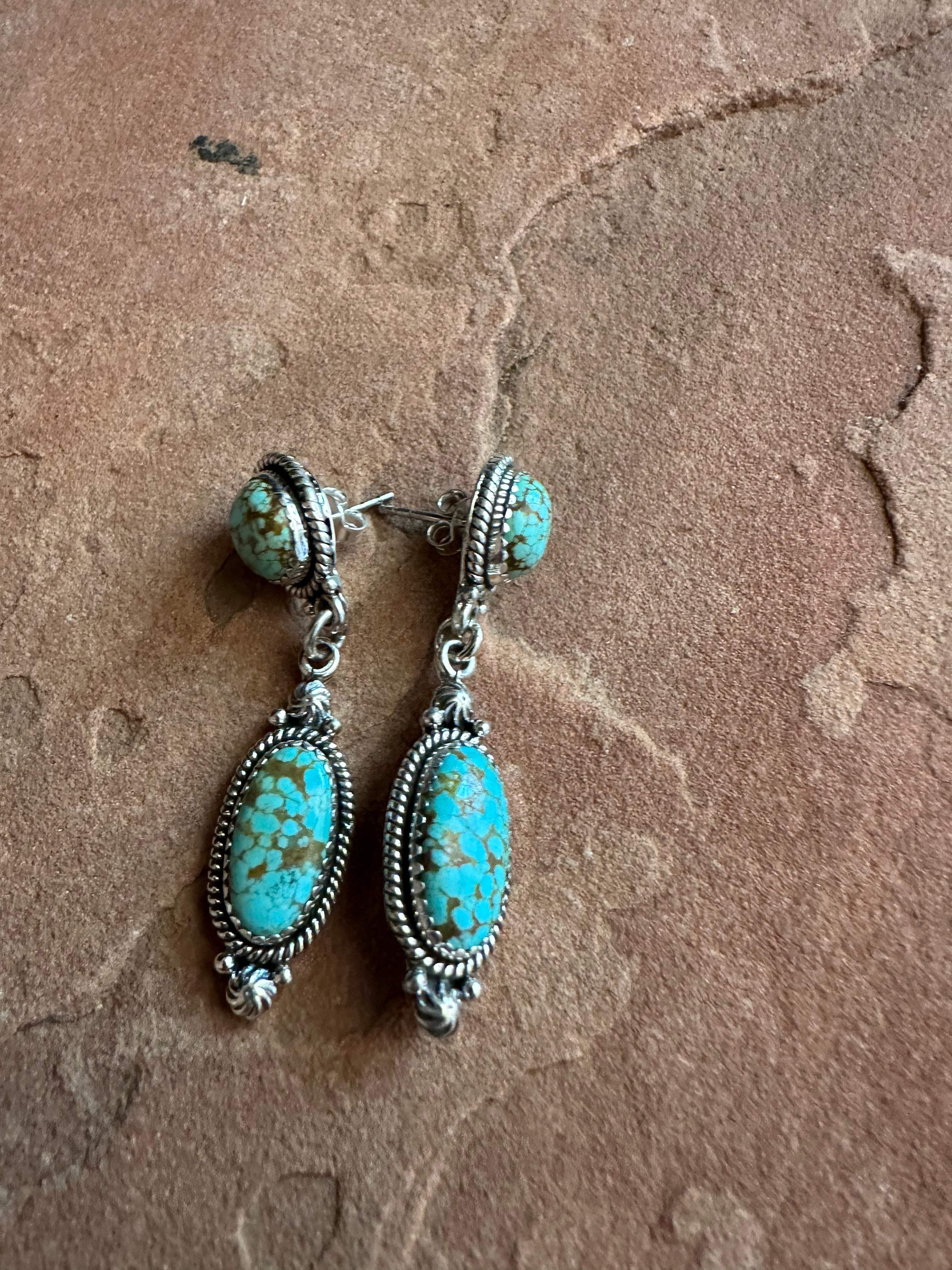 Handmade Number 8 Turquoise and Sterling Silver 2 Stone Dangles