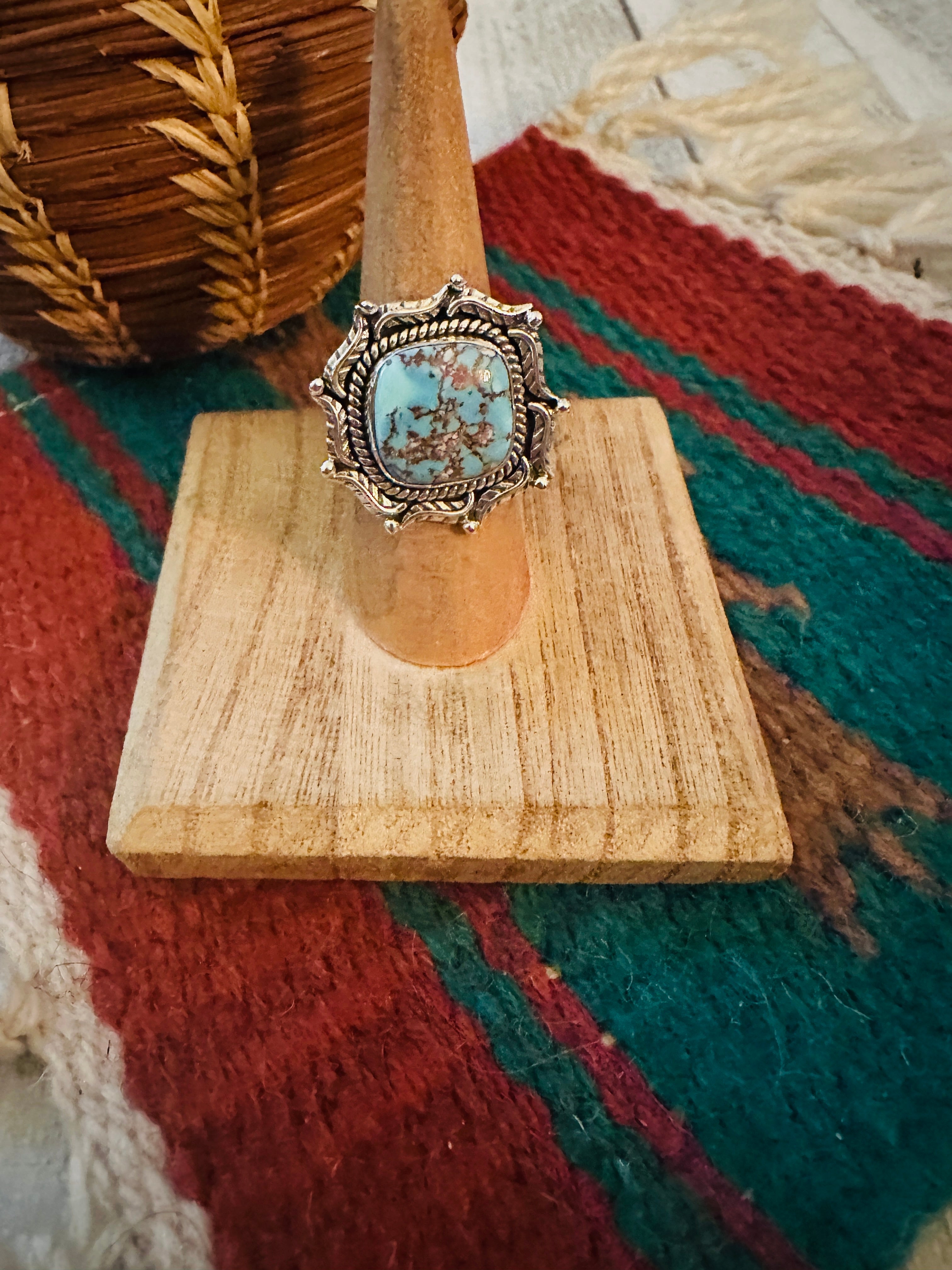 Handmade Golden Hills Turquoise & Sterling Silver Adjustable Ring Signed Nizhoni