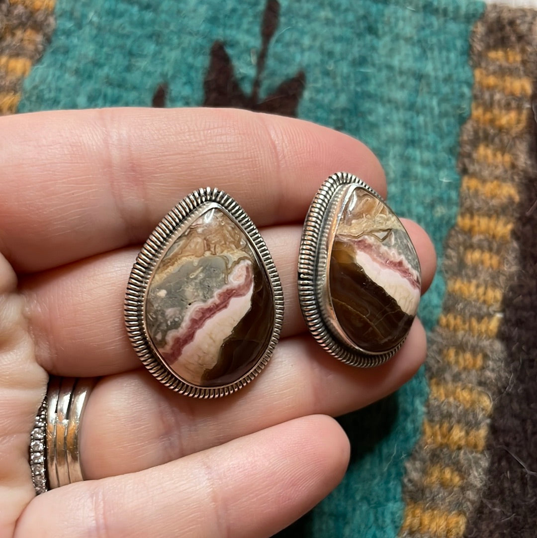 Navajo Sterling Silver & Rhodochrosite Stone Post Earrings