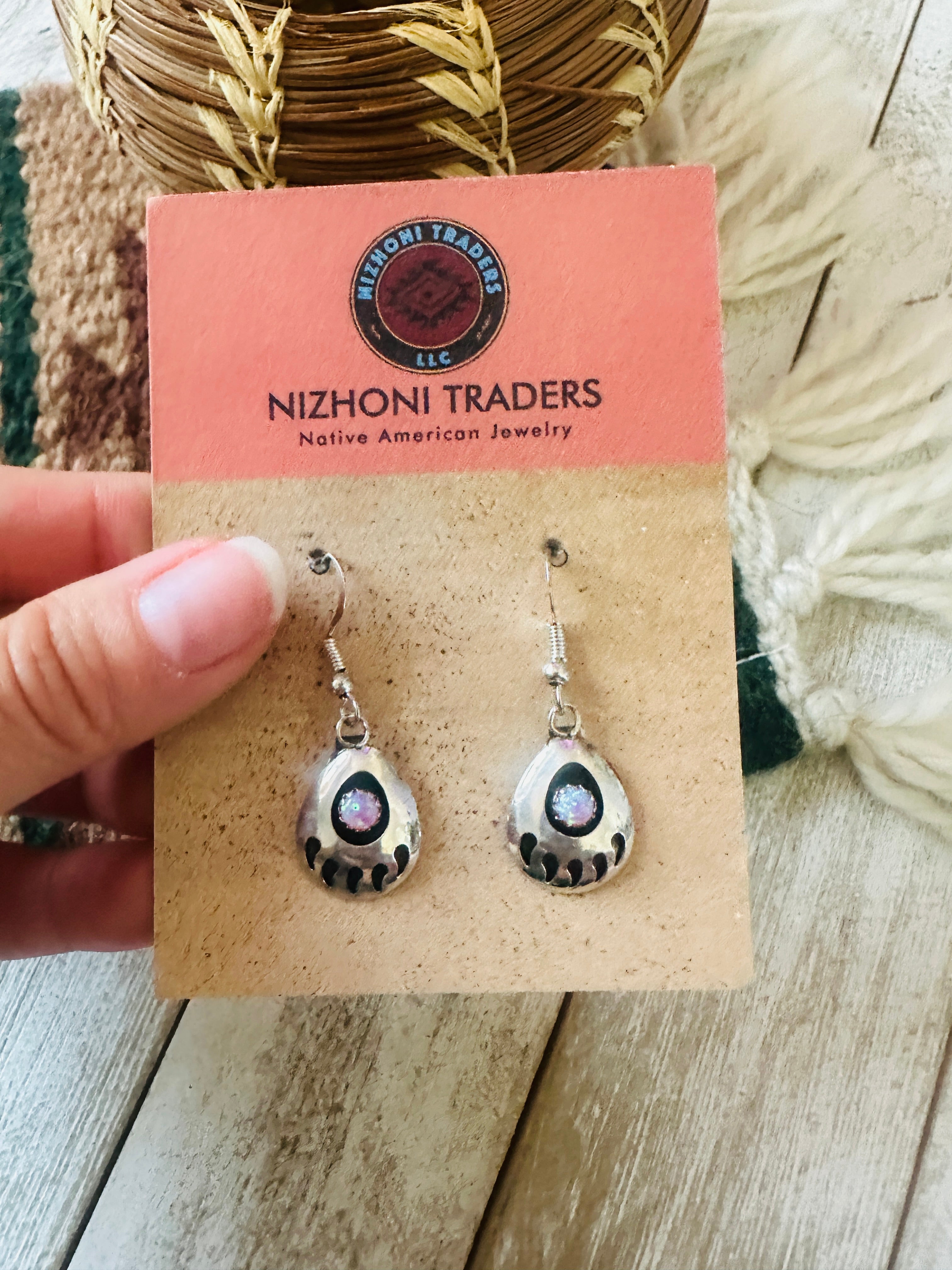 Navajo Light Pink Opal & Sterling Silver Bear Paw Dangle Earrings