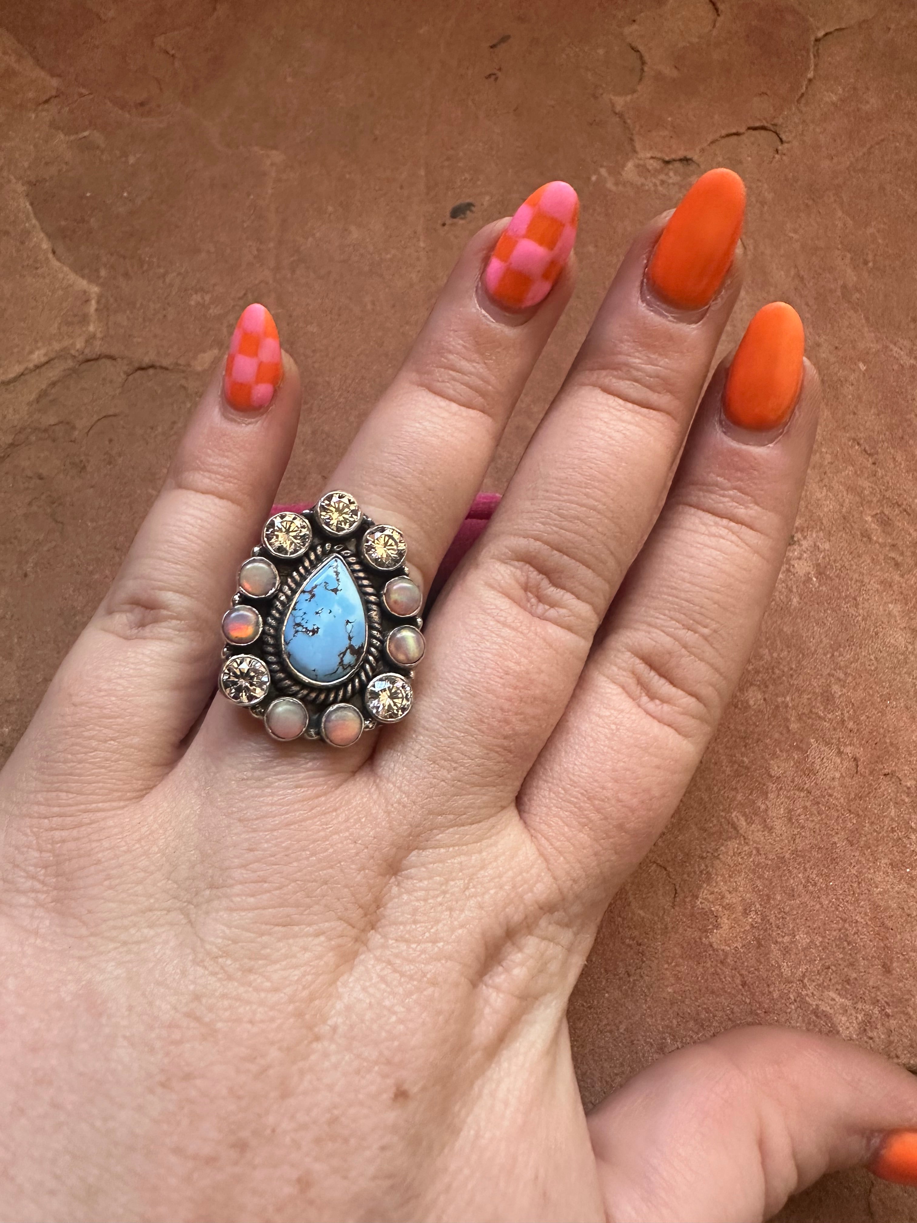 Handmade Pink Opal, CZ, Golden Hills Turquoise And Sterling Silver Adjustable Ring