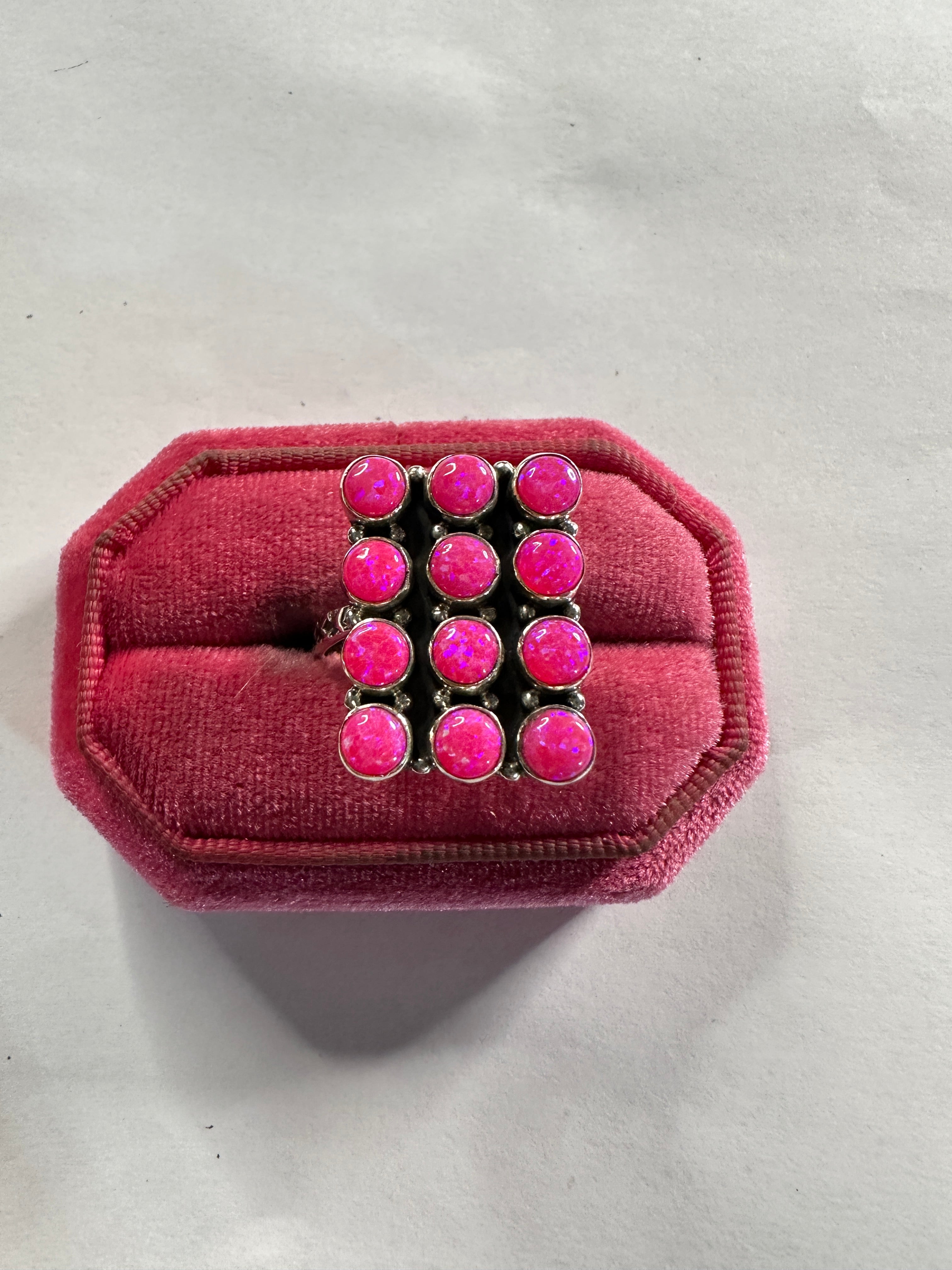 Handmade Adjustable Hot Pink Fire Opal Sterling Silver Rectangle Ring