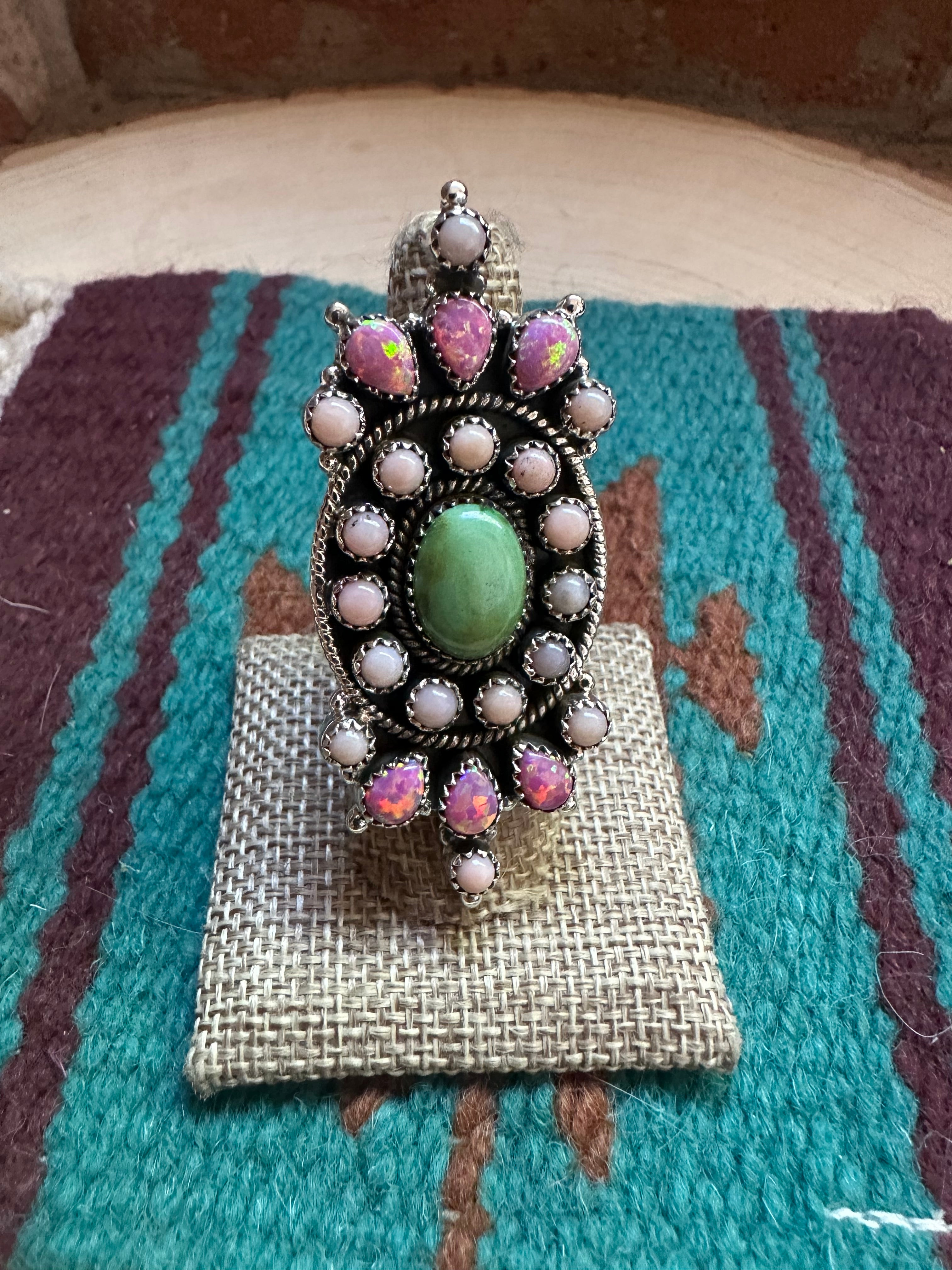 Handmade Sonoran Turquoise, Pink Conch, Pink Fire Opal & Sterling Silver Adjustable Ring Signed Nizhoni