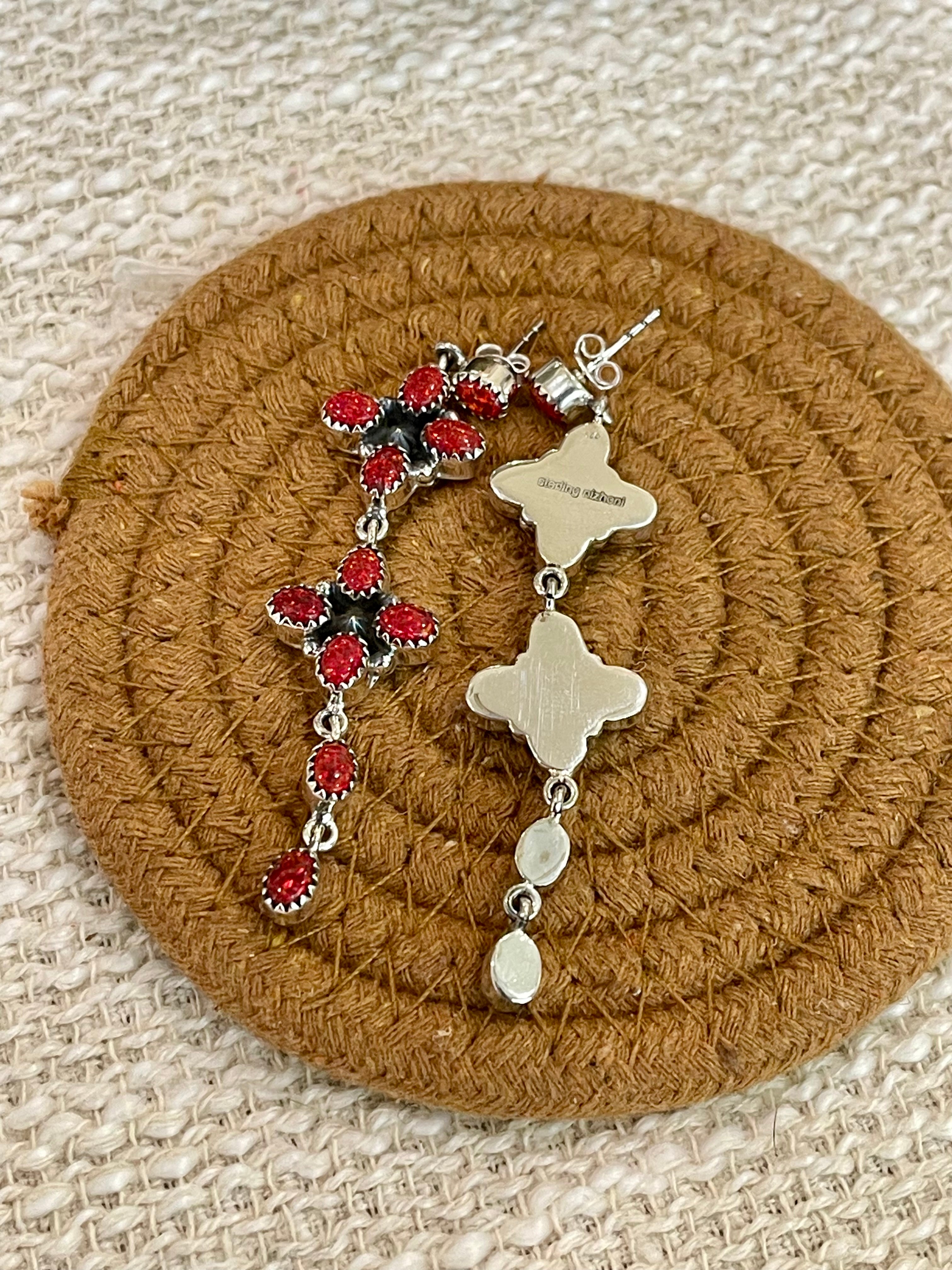 ** 4TH OF JULY ** Handmade Sterling Silver Synthetic Opal Dangle  Earrings with Signed Nizhoni