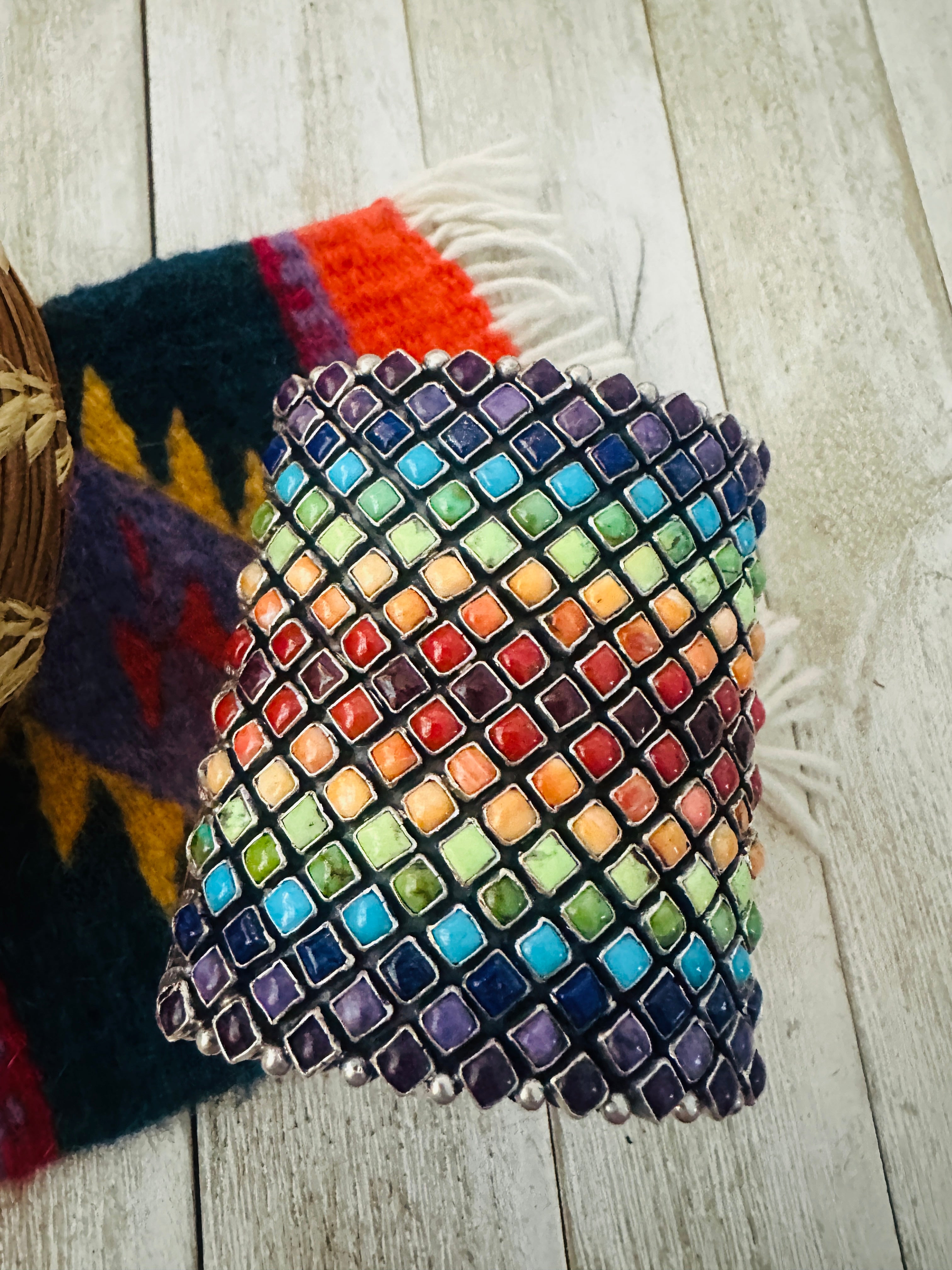 Handcrafted Rainbow Multi Stone & Sterling Silver Cuff Bracelet by Alice Lister