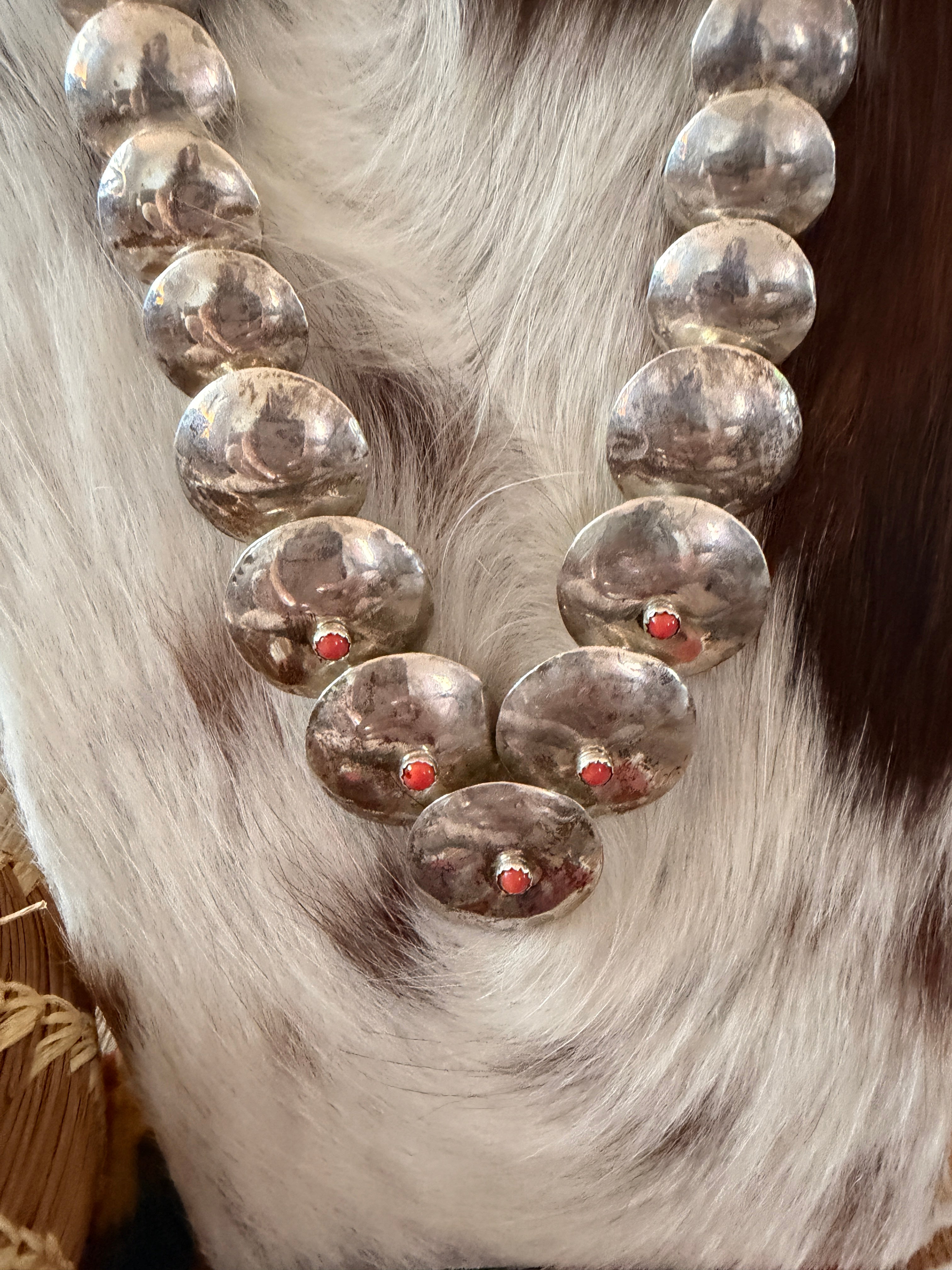 Old Pawn Handcrafted Coral and Sterling Silver Pillow Bead Necklace