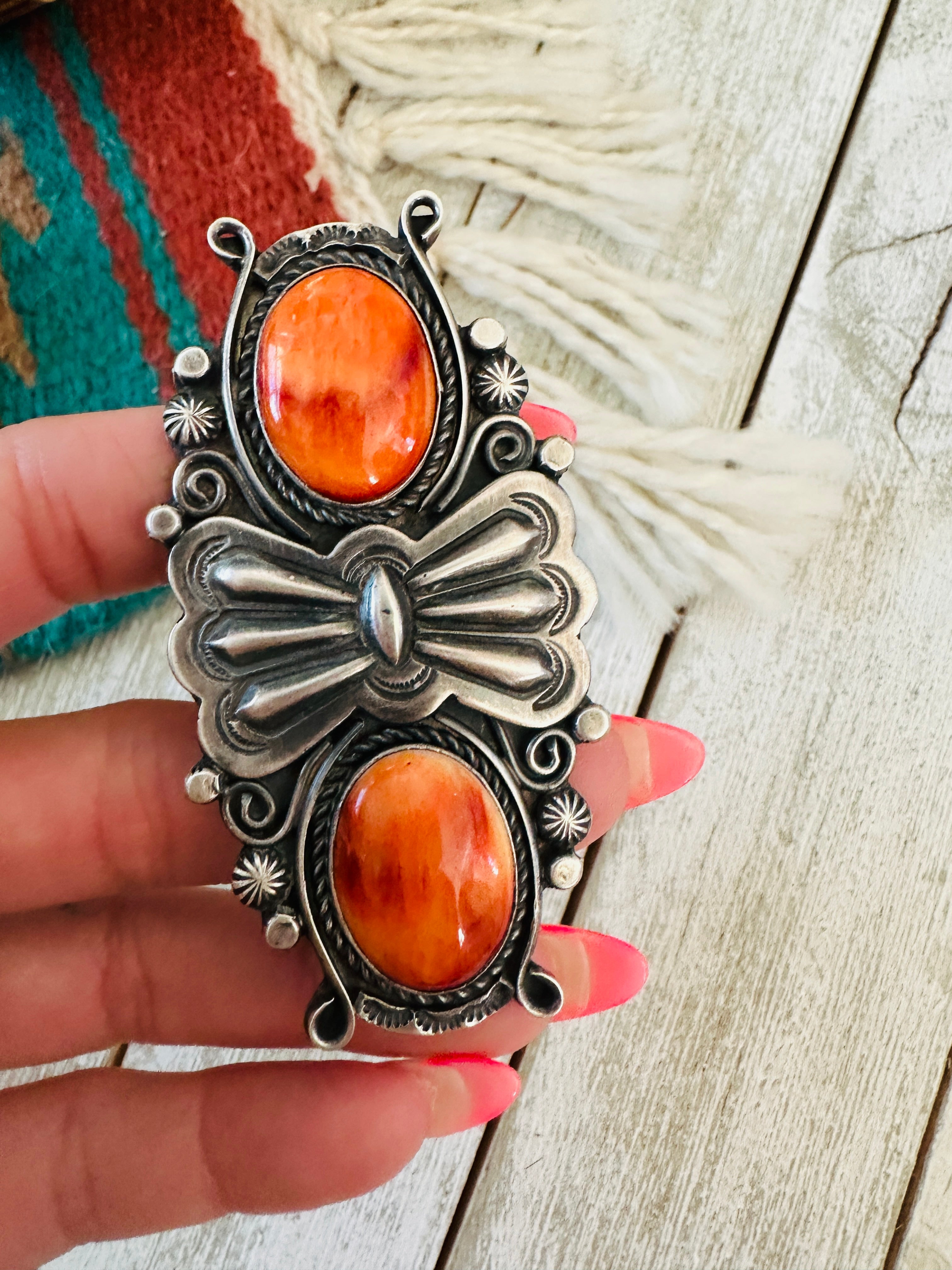 Handcrafted Orange Spiny Oyster & Sterling Silver Ring by Rosella Paxson, Size 9