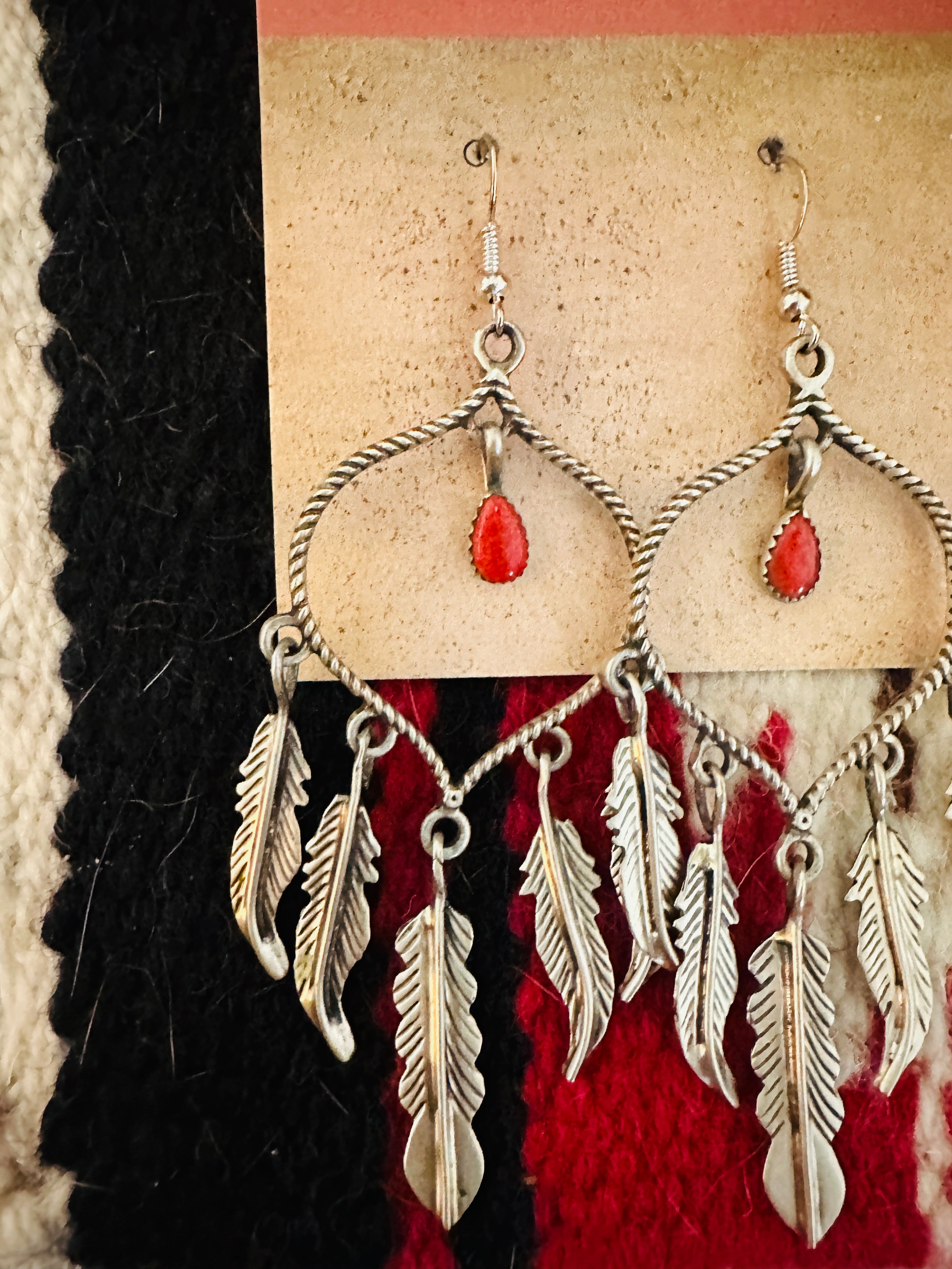 Navajo Coral & Sterling Silver Feather Dangle Earrings