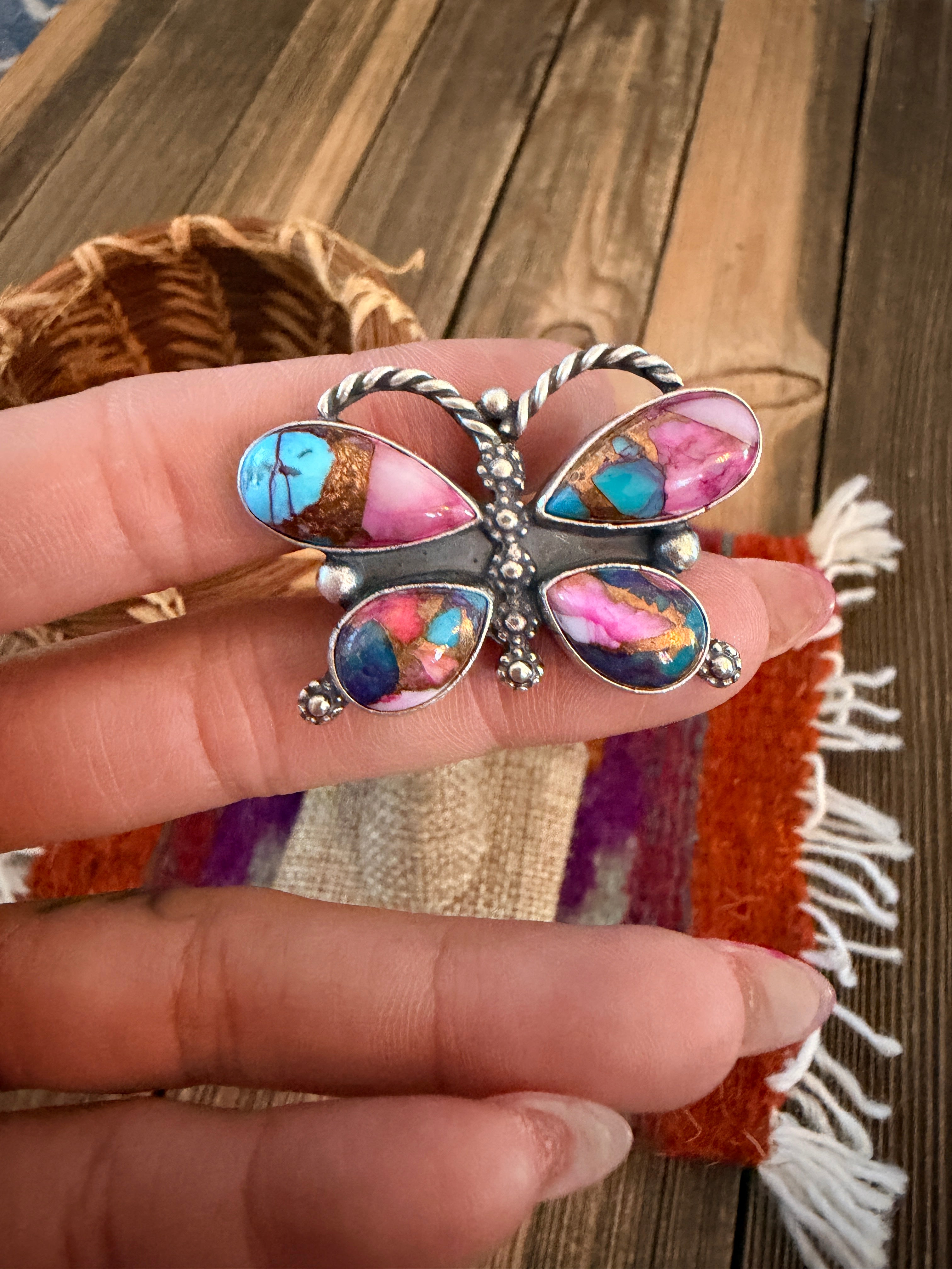 Handcrafted Pink Dream Mojave & Sterling Silver Adjustable Butterfly Ring
