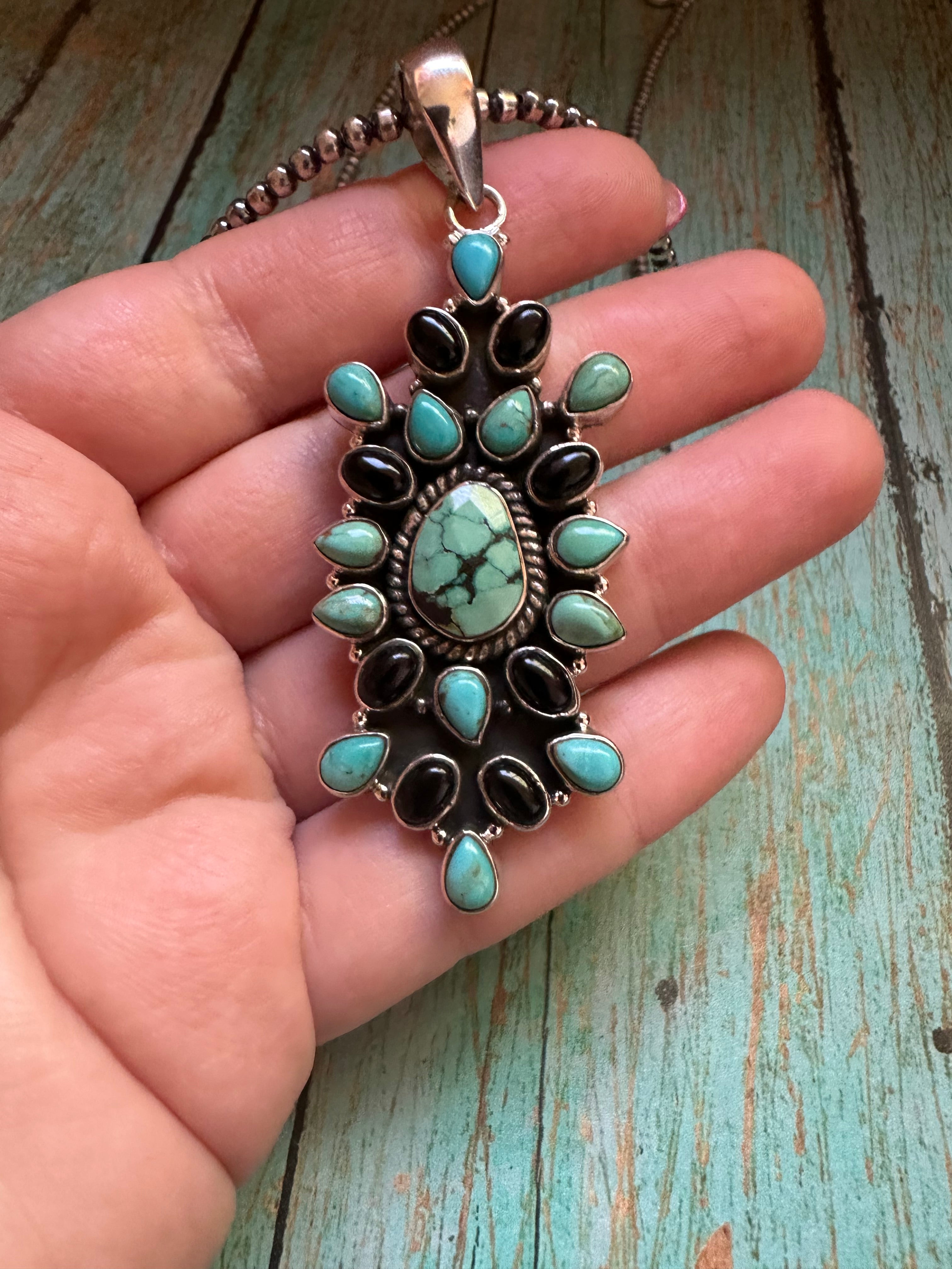 Handmade Sterling Silver, Turquoise & Onyx Pendant