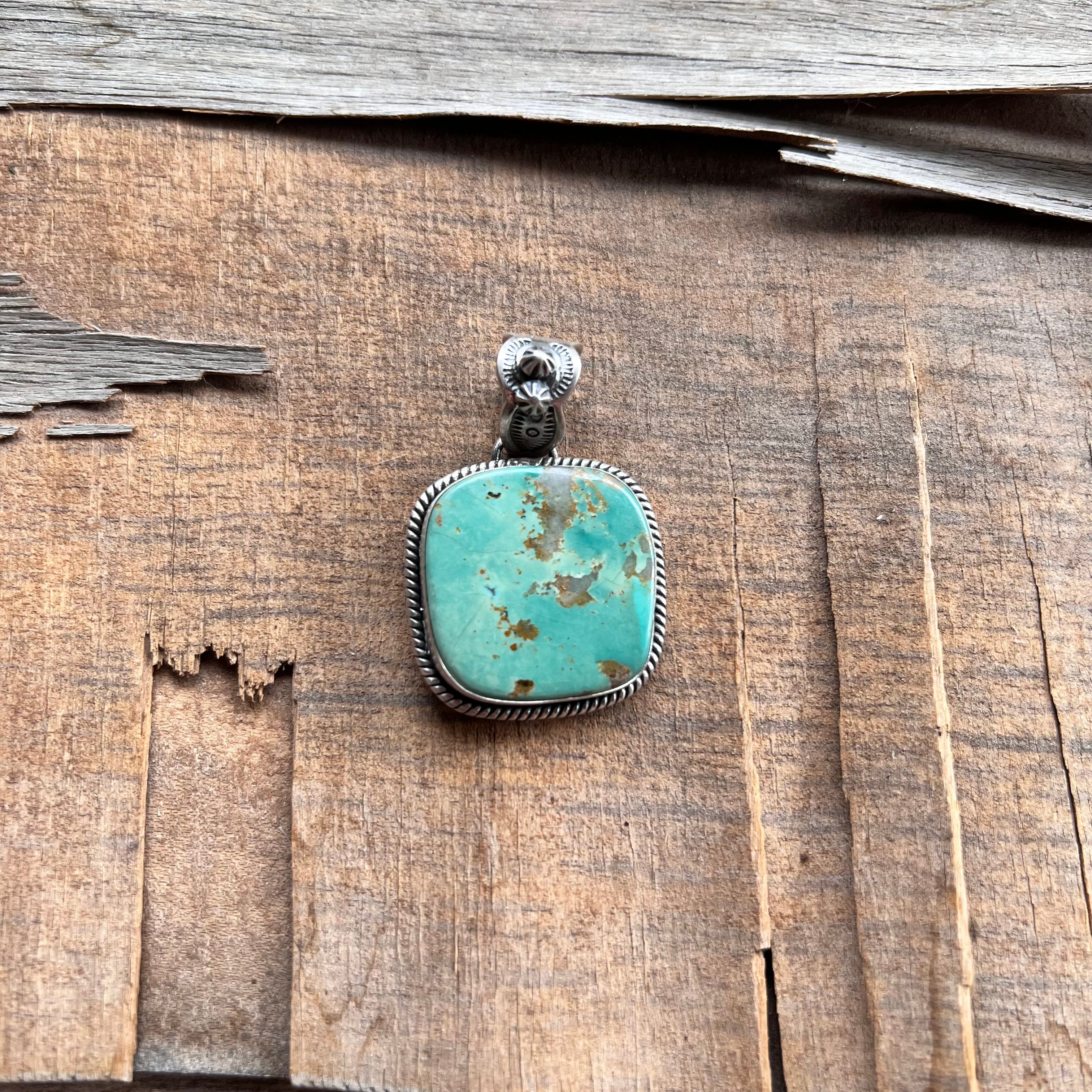 Handmade Green Turquoise Square Sterling Silver Pendant