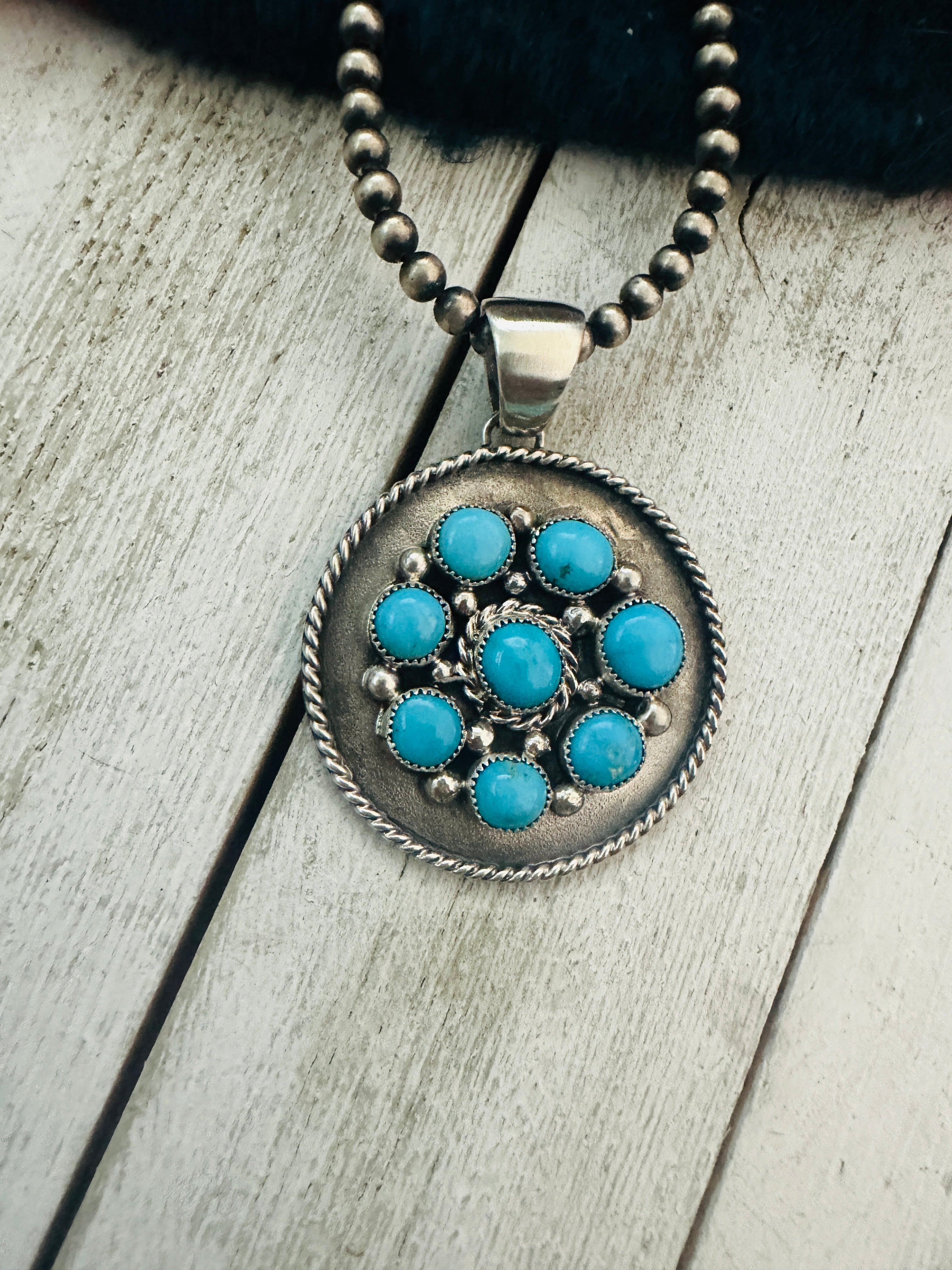 Navajo Sterling Silver & Sleeping Beauty Turquoise Cluster Pendant