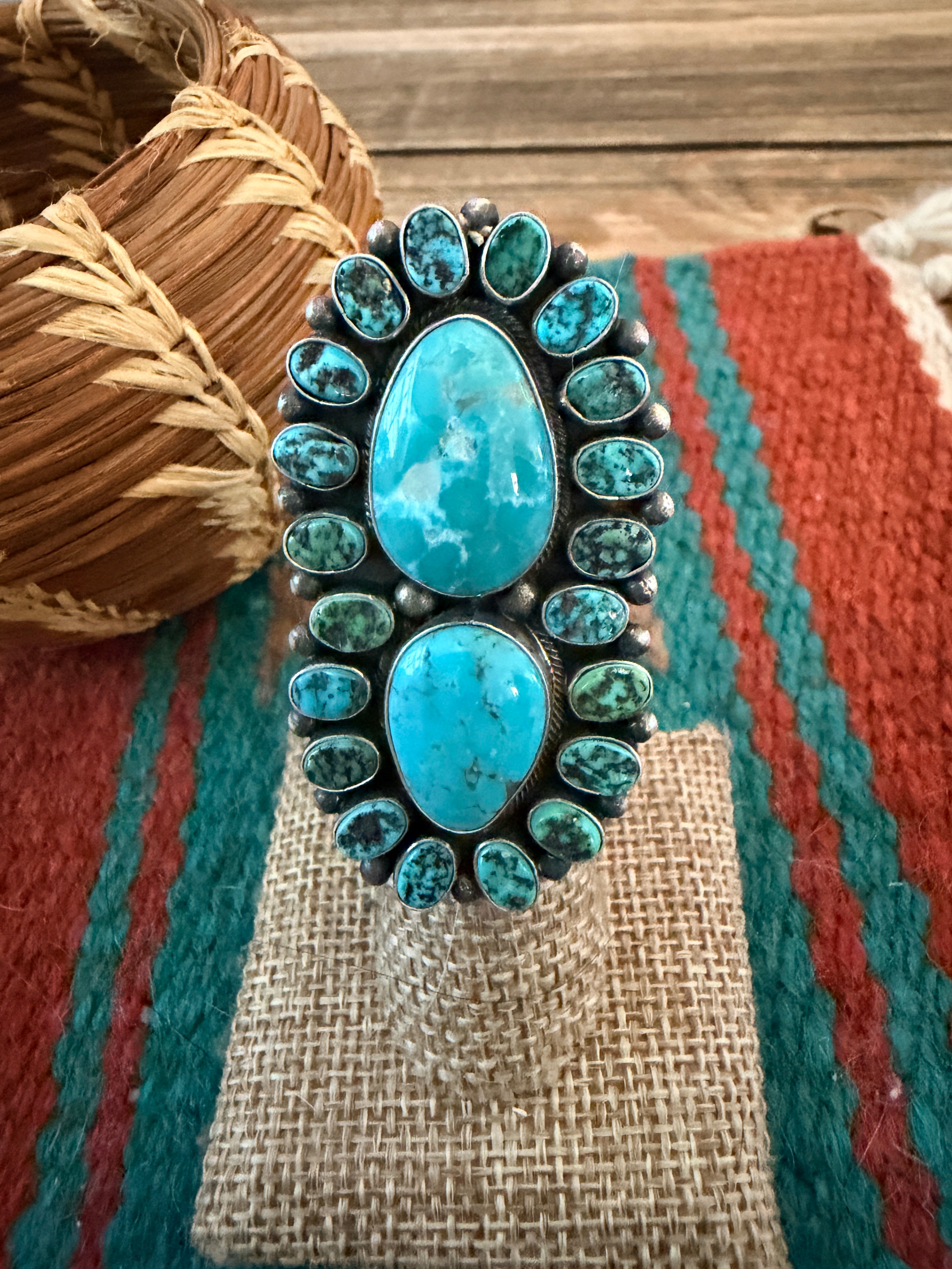 Handcrafted Turquoise & Sterling Silver Cluster Ring Size 4 by Blaine Yellowhorse