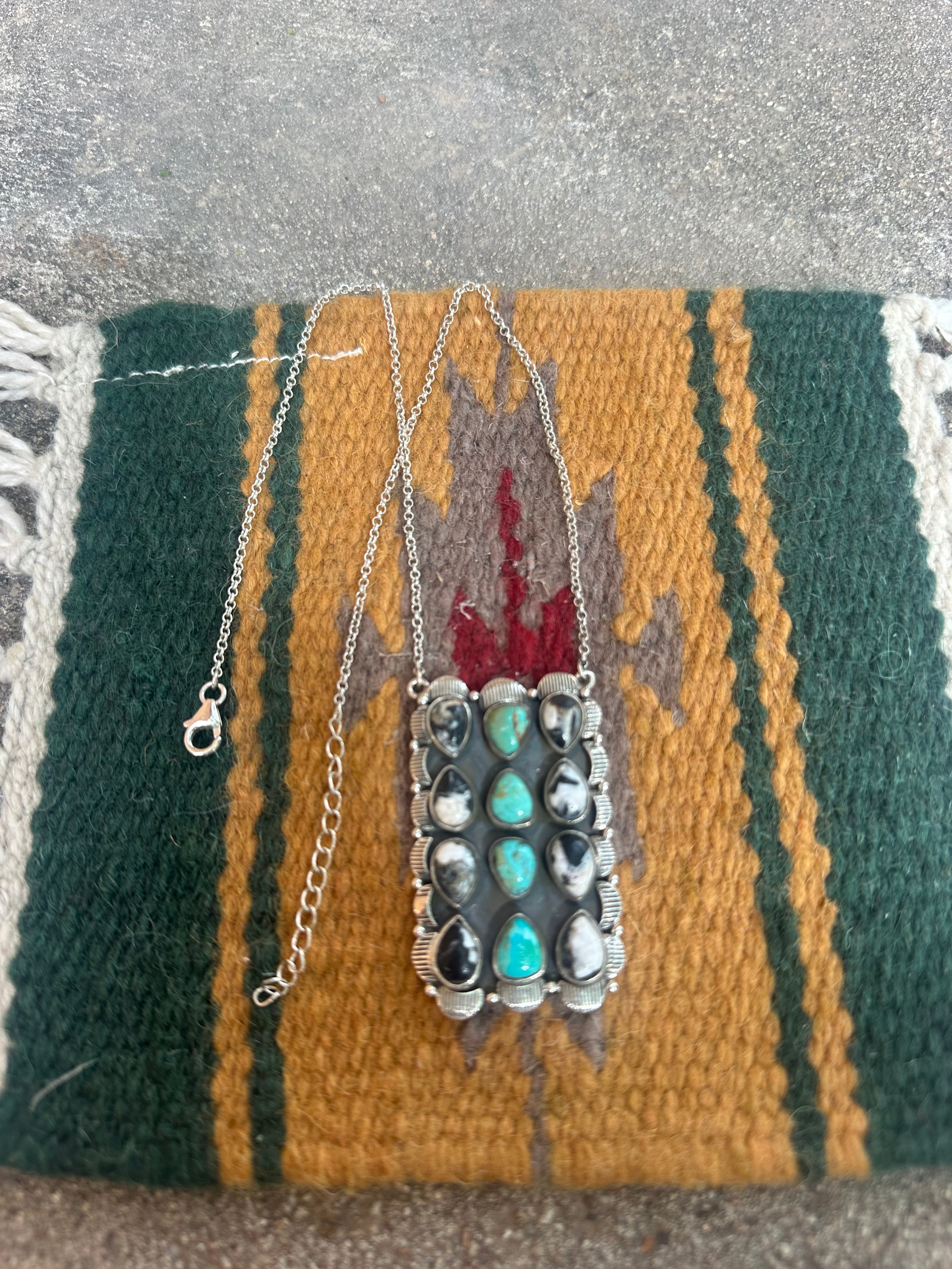 Nizhoni Handmade White Buffalo, Turquoise & Sterling Silver Bar Necklace