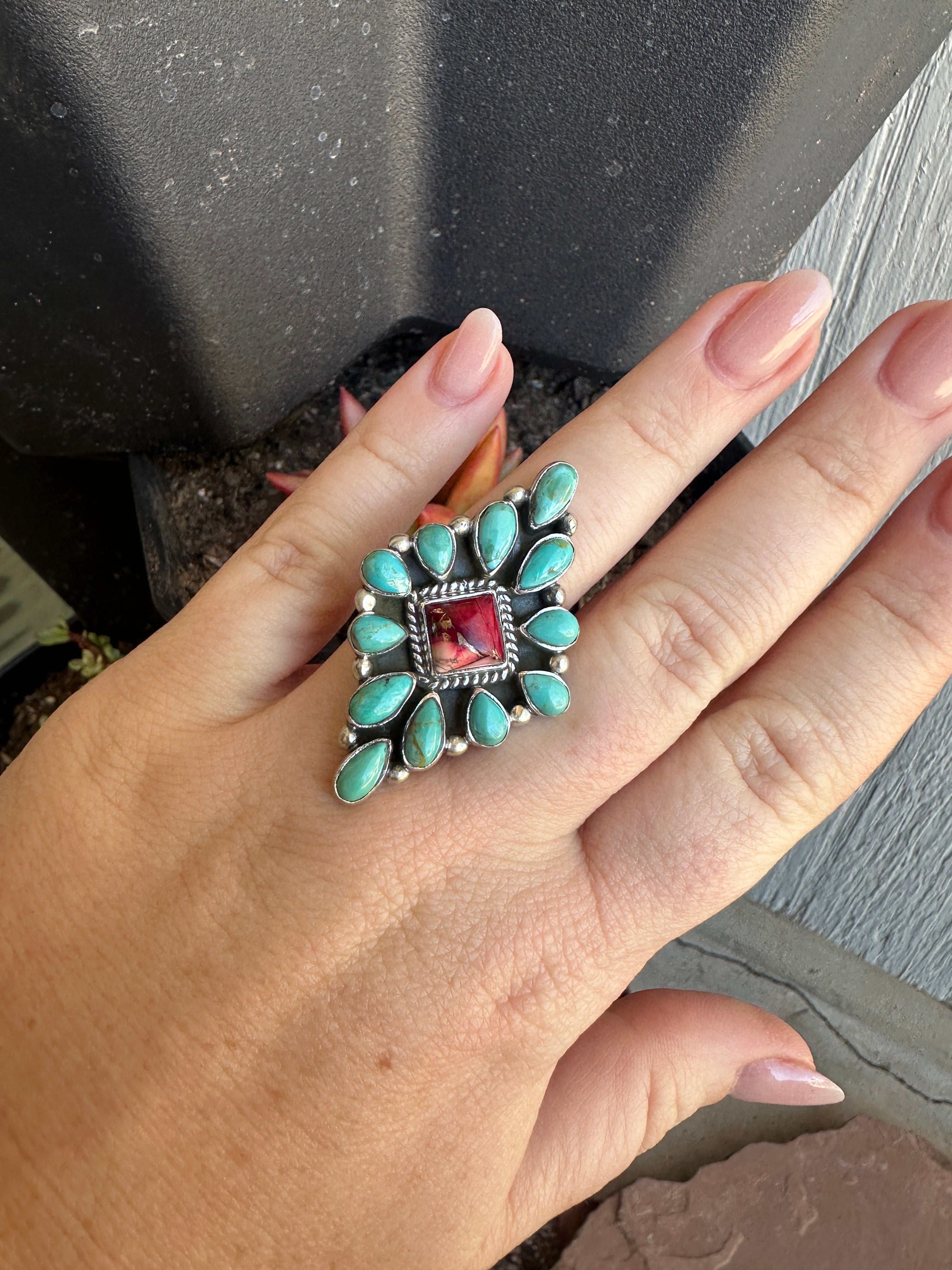 Handmade Dahlia Rose, Turquoise & Sterling Silver Adjustable Cluster Ring