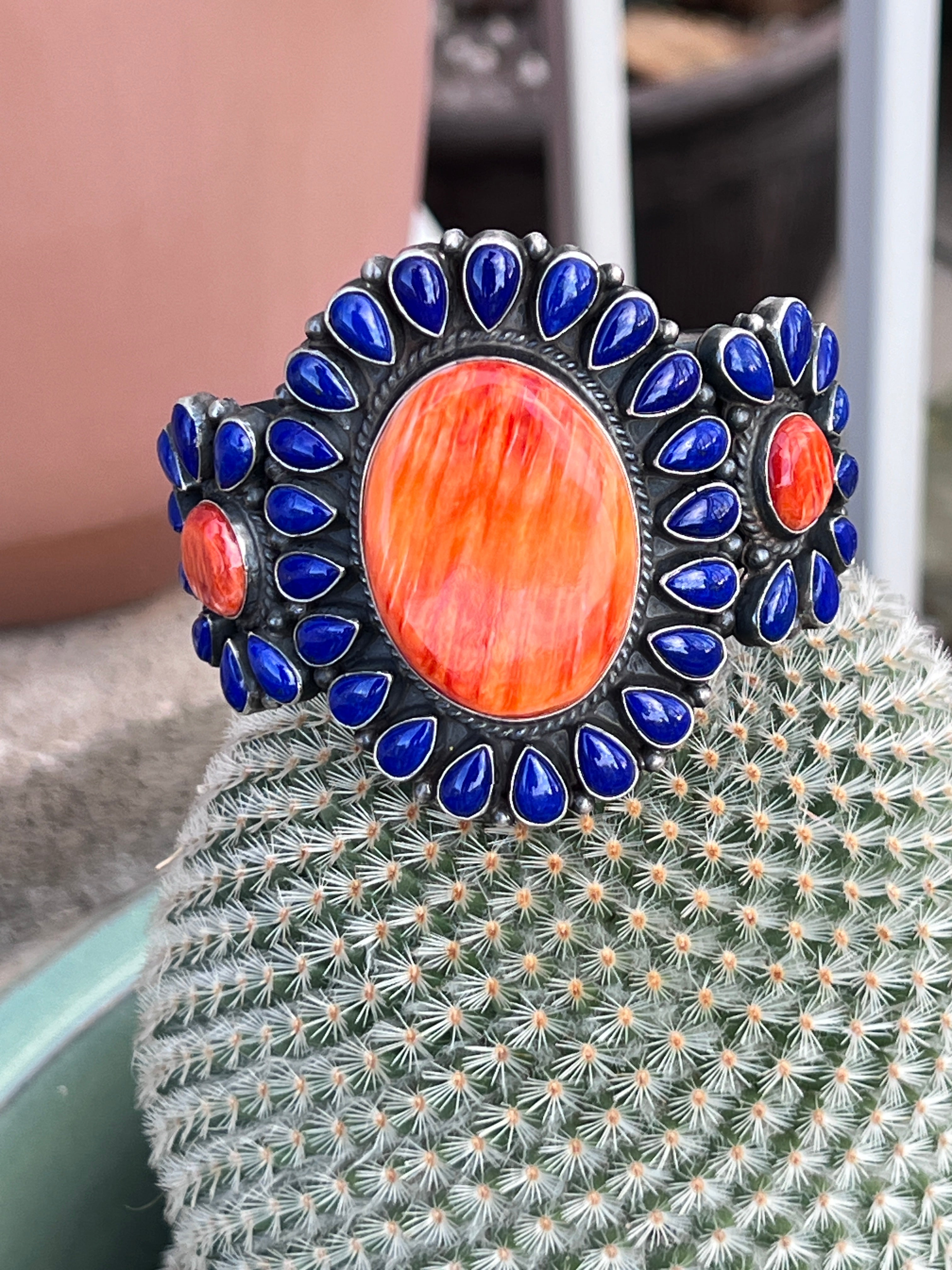 Glowing Anthony Skeets Lapis Lazuli and Orange Spiny Oyster Cluster Cuff Bracelet