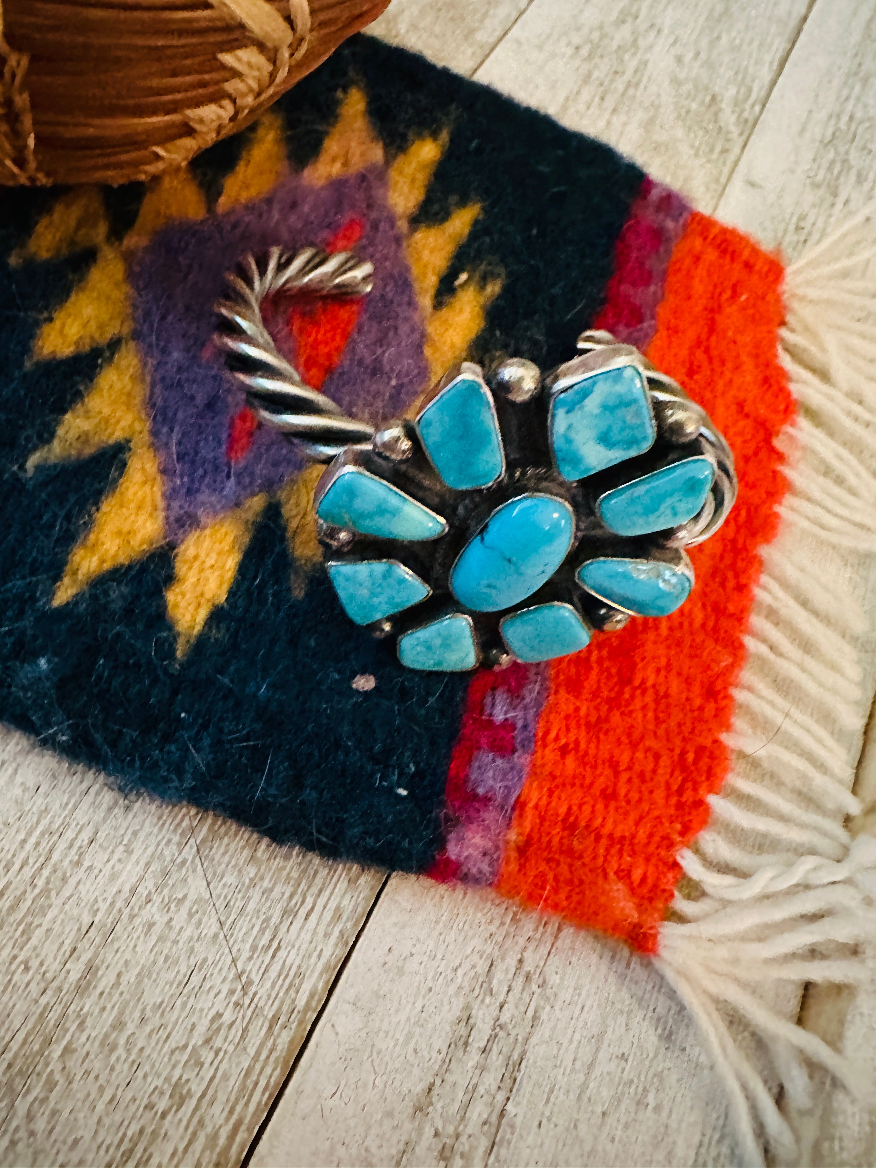 Navajo Kingman Turquoise & Sterling Silver Cluster Cuff Bracelet