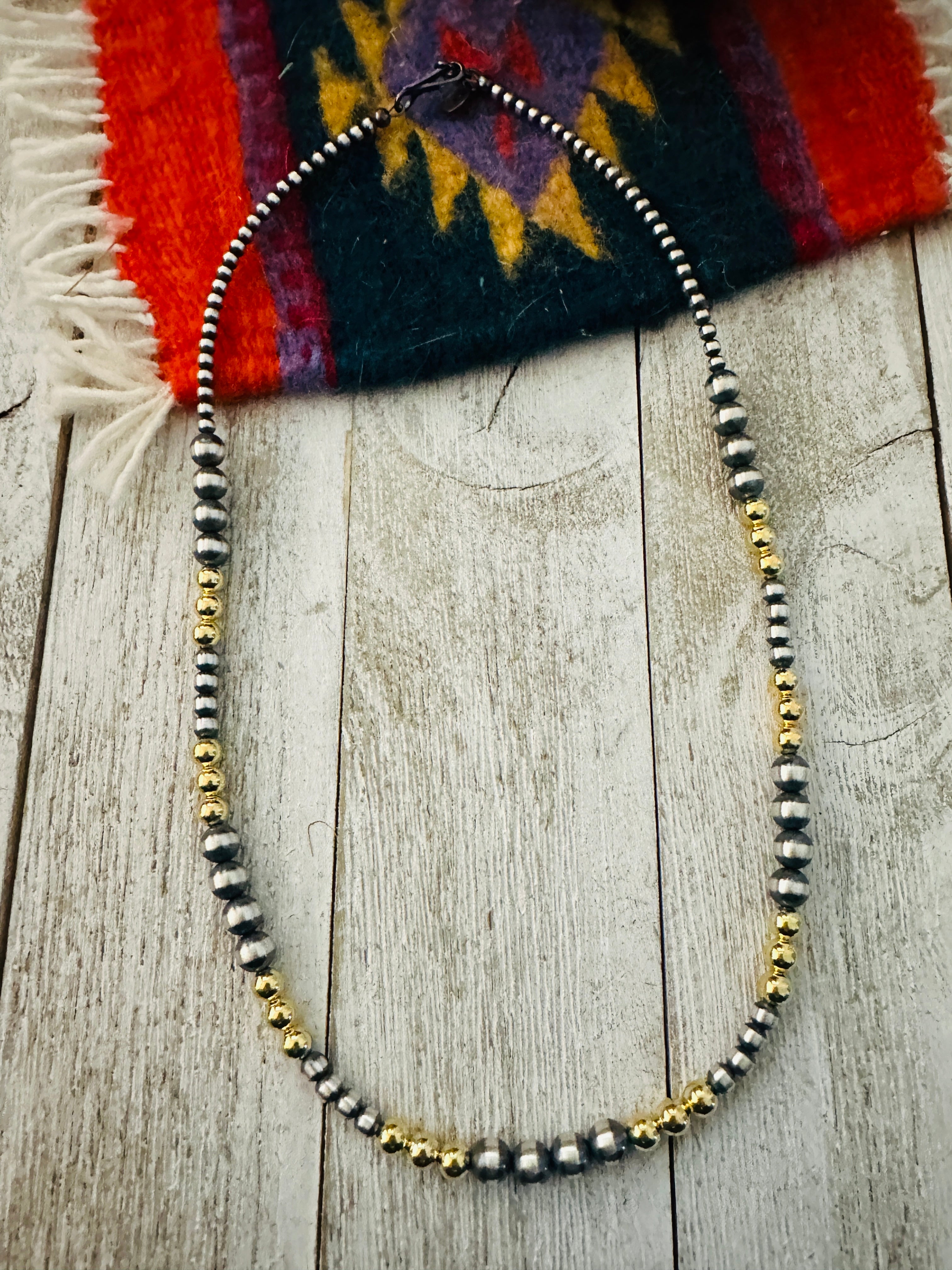 Navajo Sterling Silver & Gold Beaded 18” Necklace