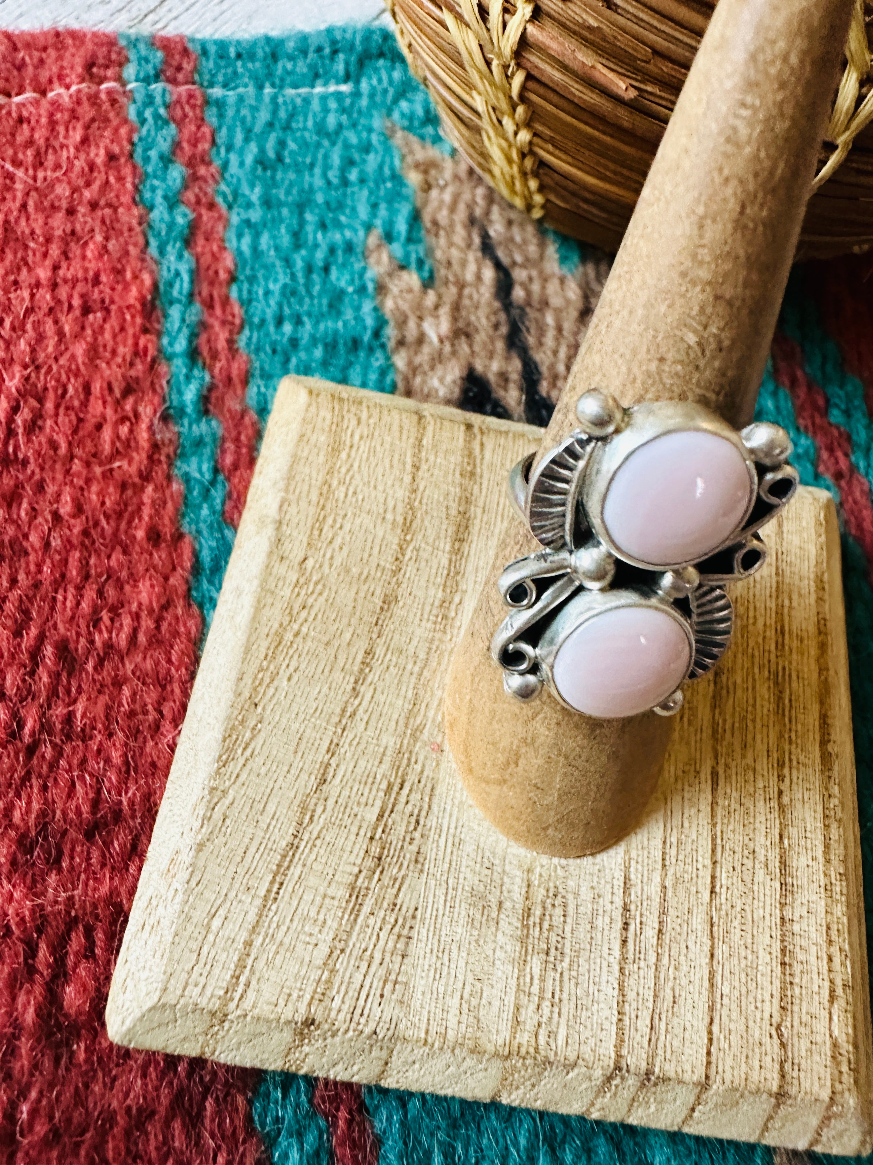 Navajo Sterling Silver & Queen Pink Conch 2 Stone Adjustable Ring