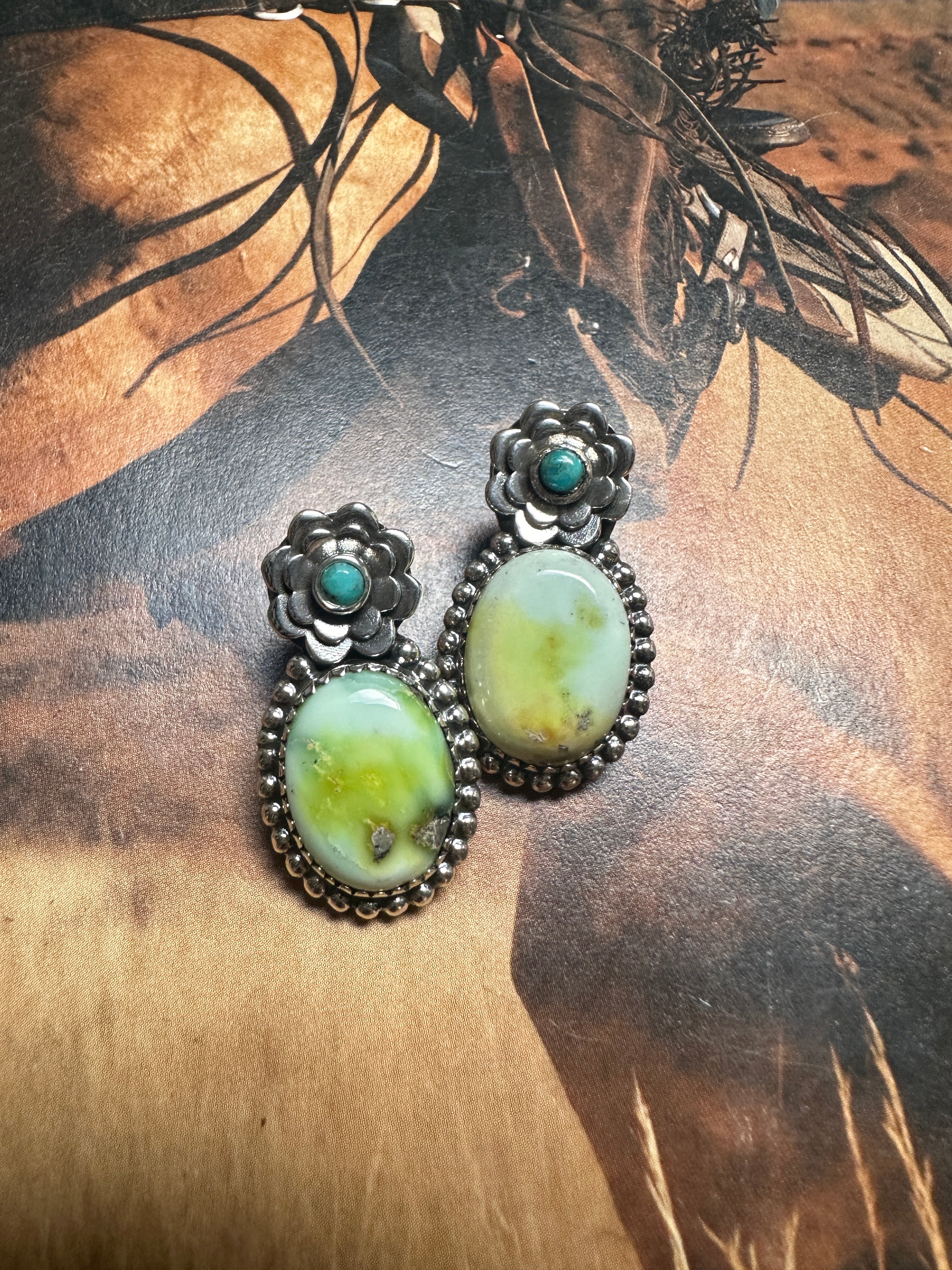 Handmade Palomino Turquoise, Kingman Turquoise & Sterling Silver 2 Stone Earrings