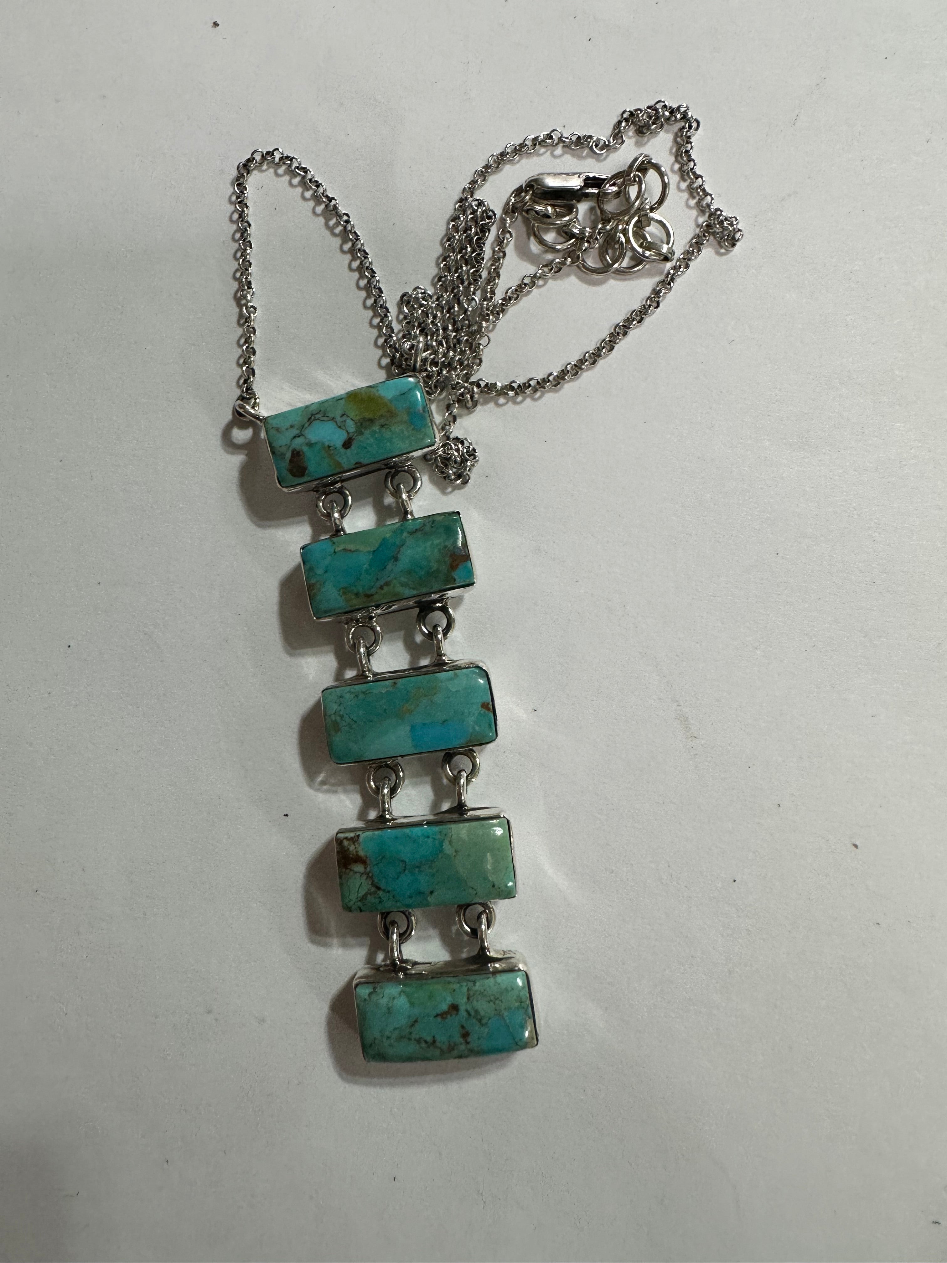 Handmade Turquoise & Sterling Silver 5 Stone Drop Necklace Signed Nizhoni