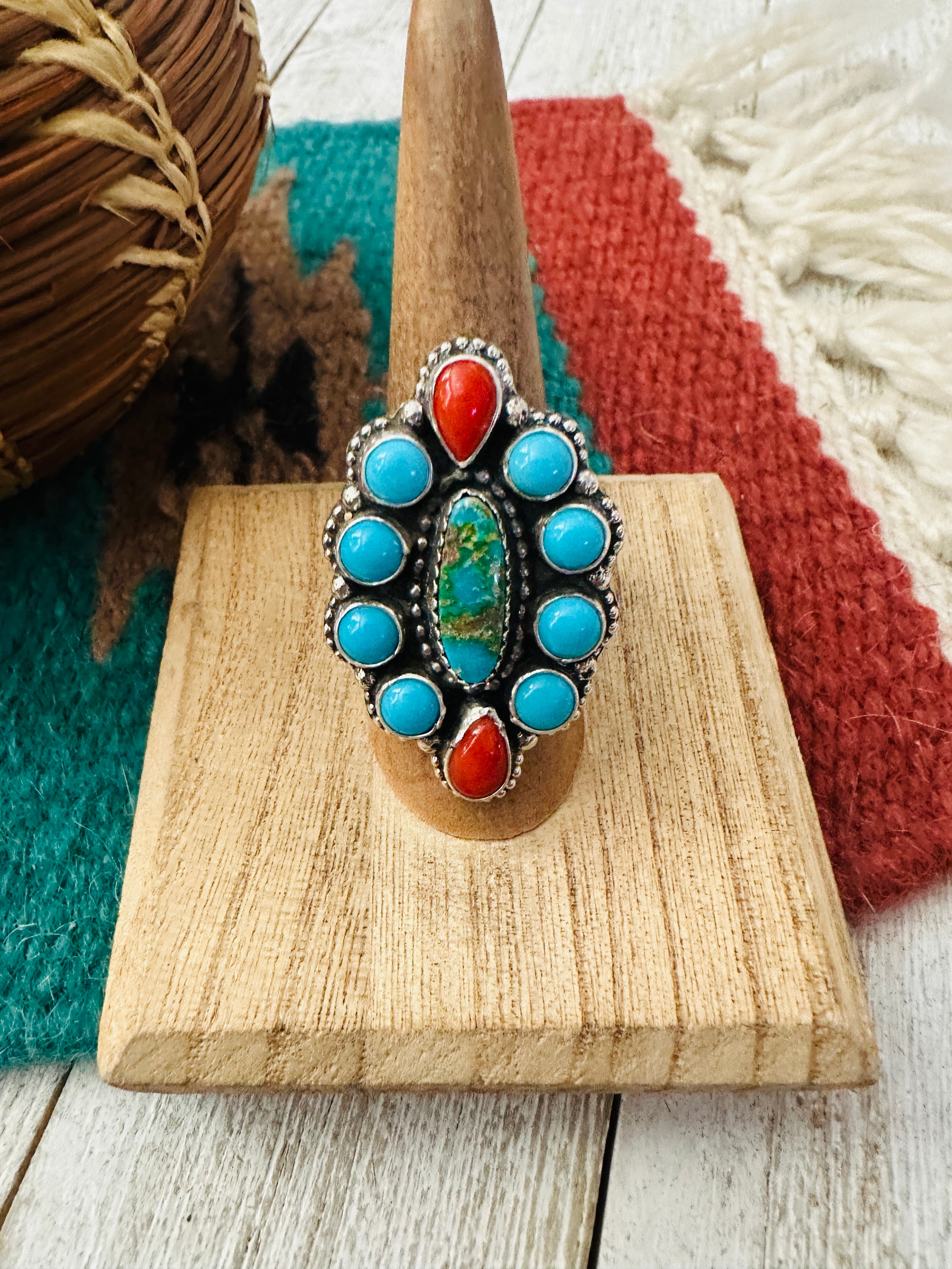 Navajo Turquoise, Coral & Sterling Silver Cluster Ring Size 7.25