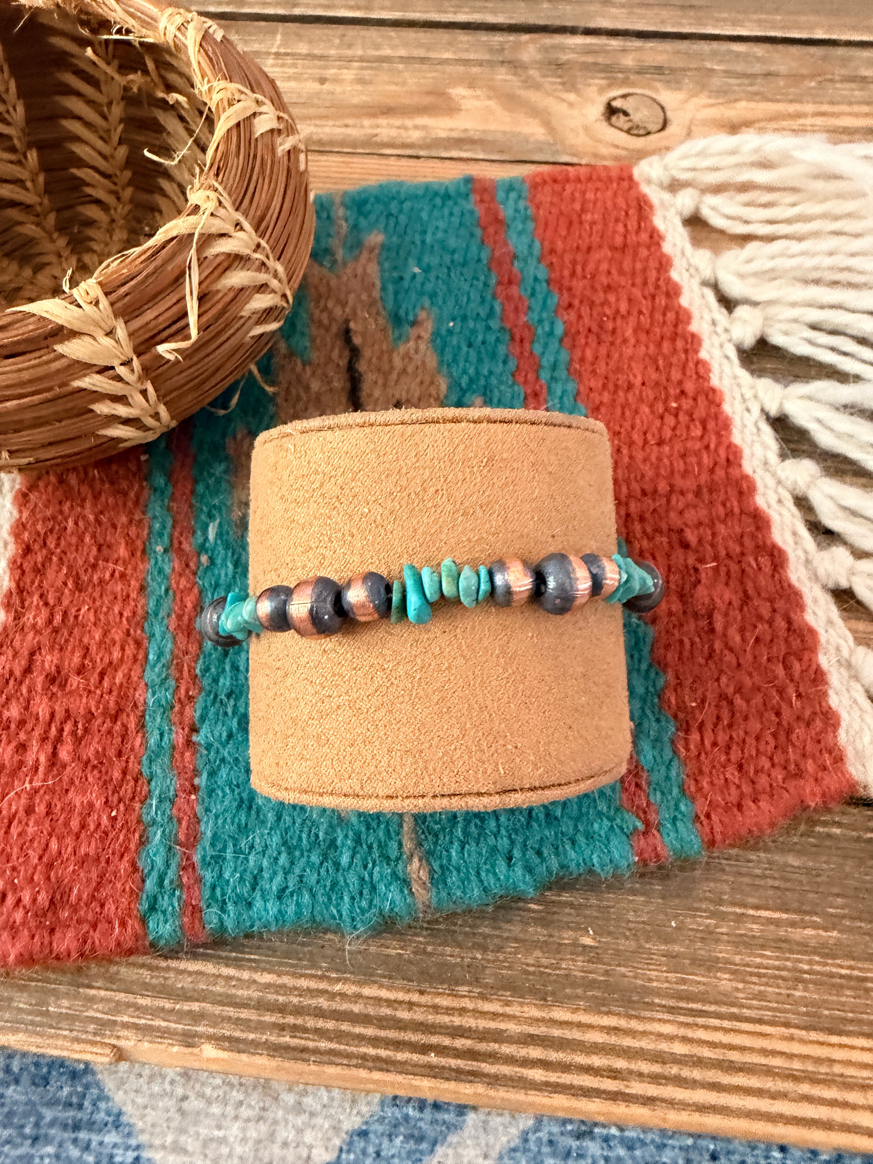 Handcrafted Turquoise & Copper Beaded Bracelet 7.5”