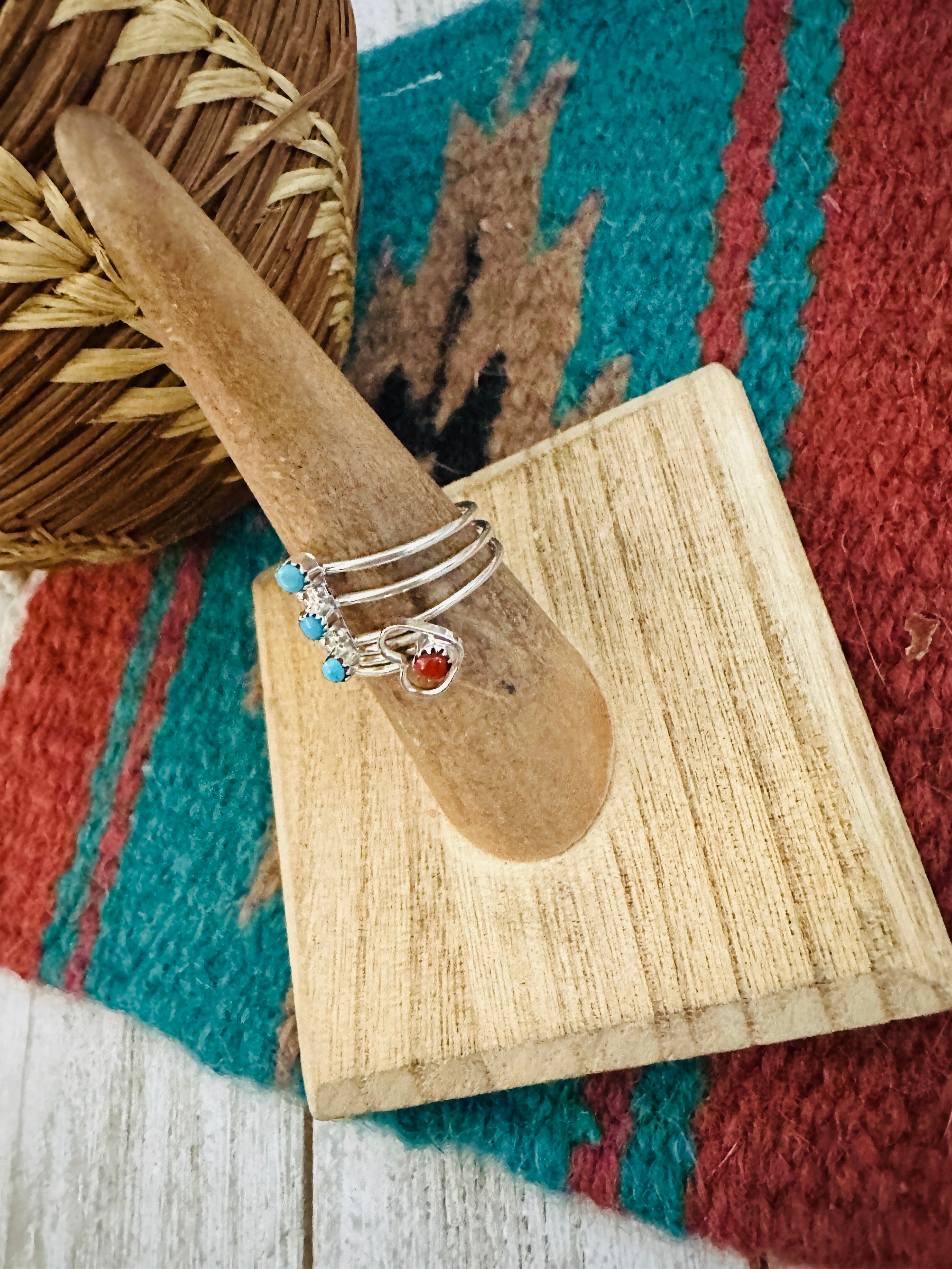 Zuni Turquoise, Coral & Sterling Silver Heart Adjustable Ring