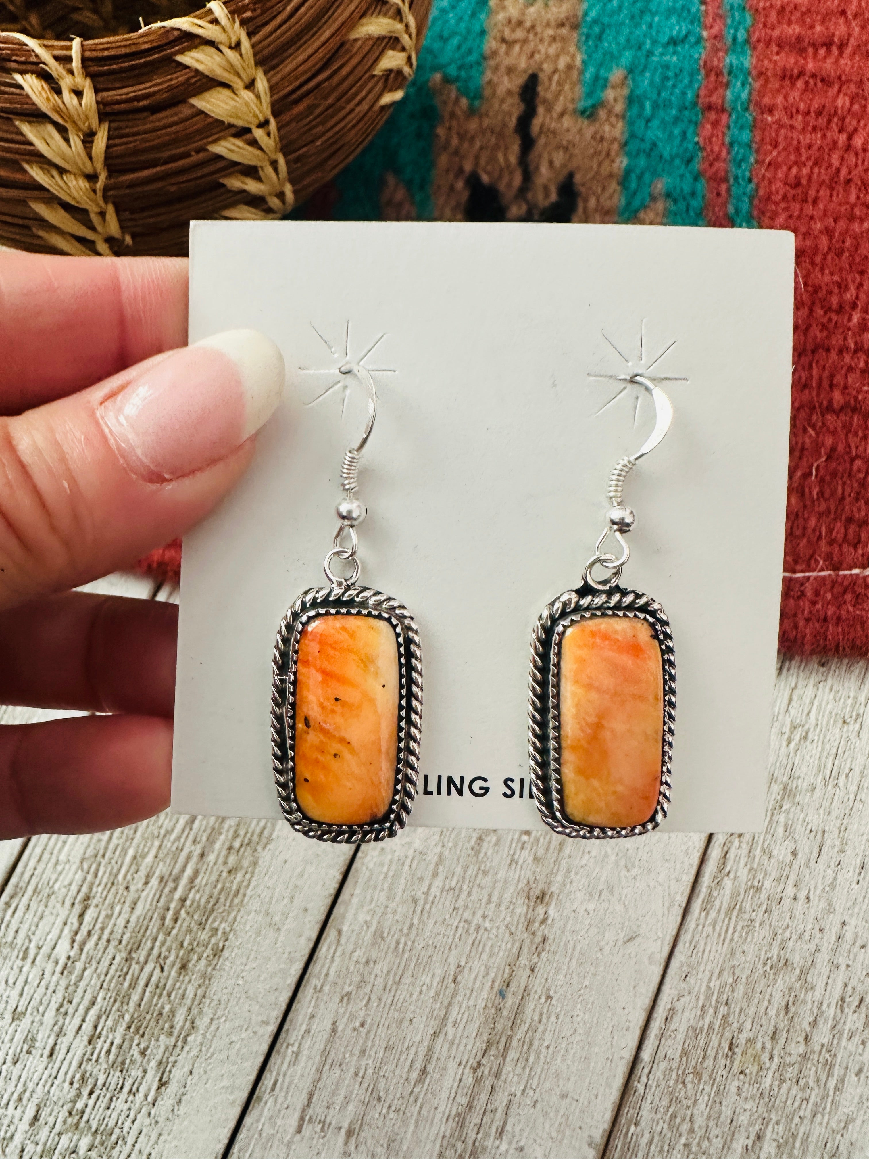 Navajo Orange Spiny and Sterling Silver Dangle Earrings