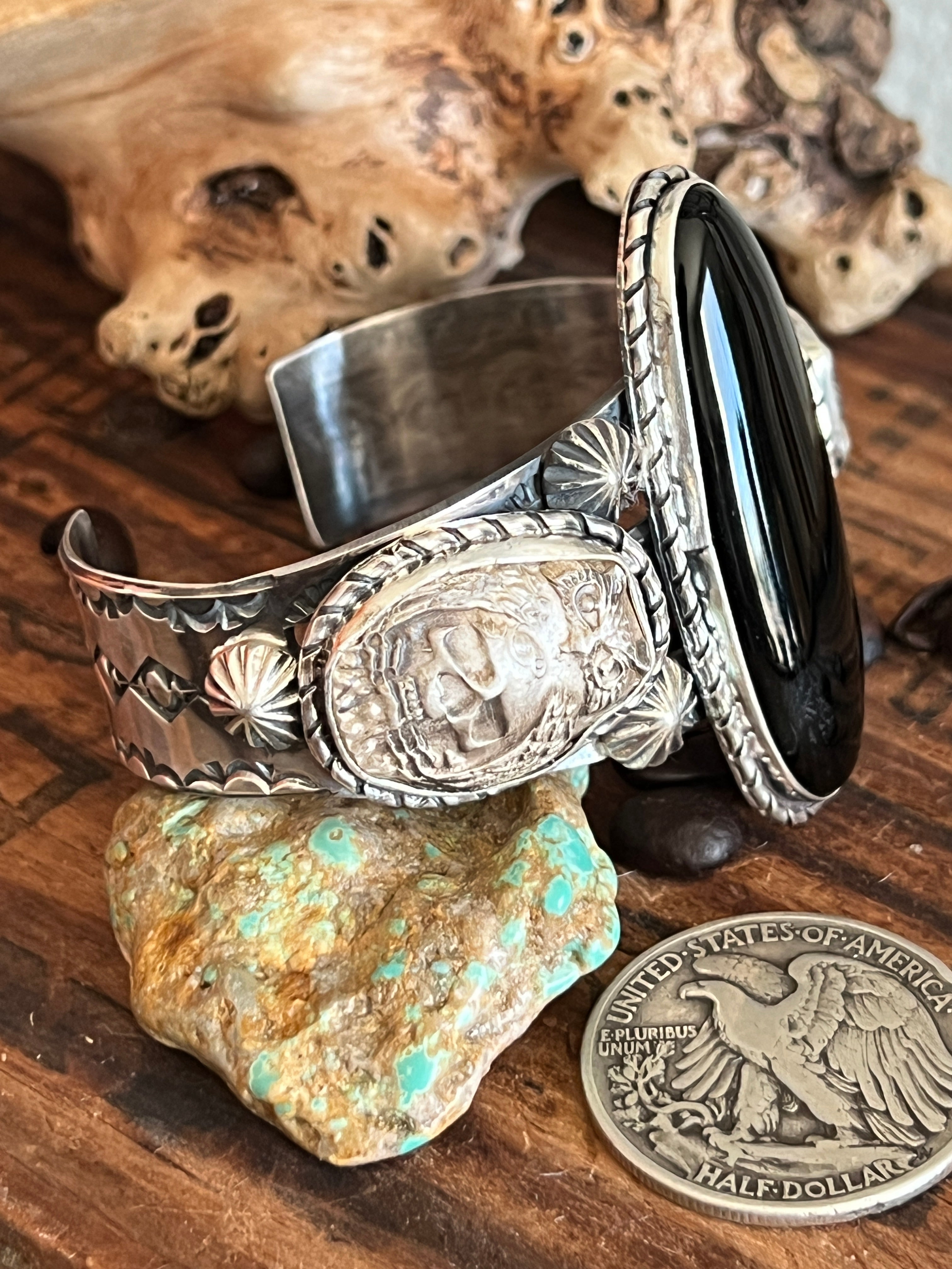 Sterling Silver Handcrafted Cuff Bracelet with Onyx, Owl and Skull Detail, Taller Stone