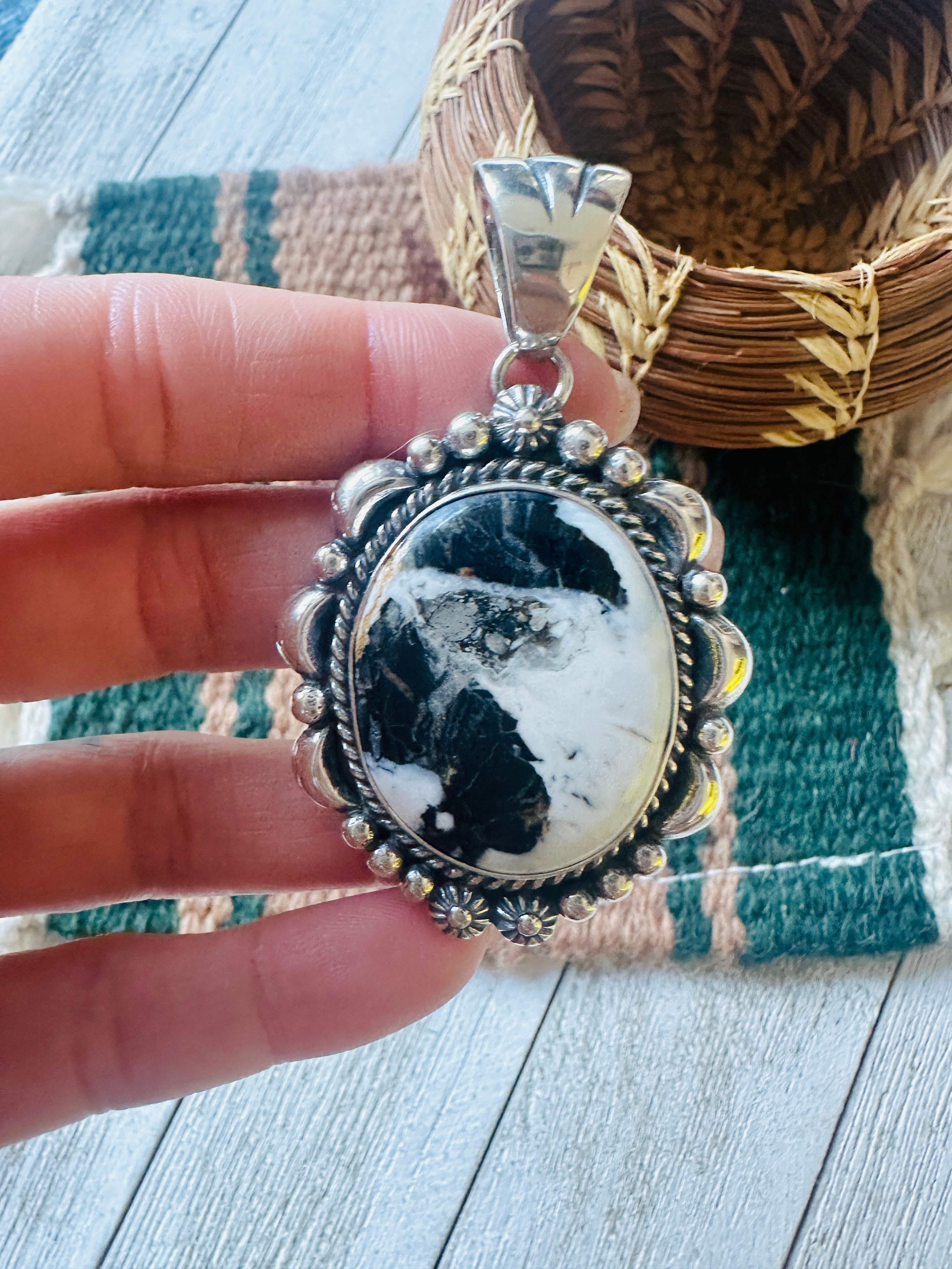 Navajo White Buffalo and Sterling Silver Pendant