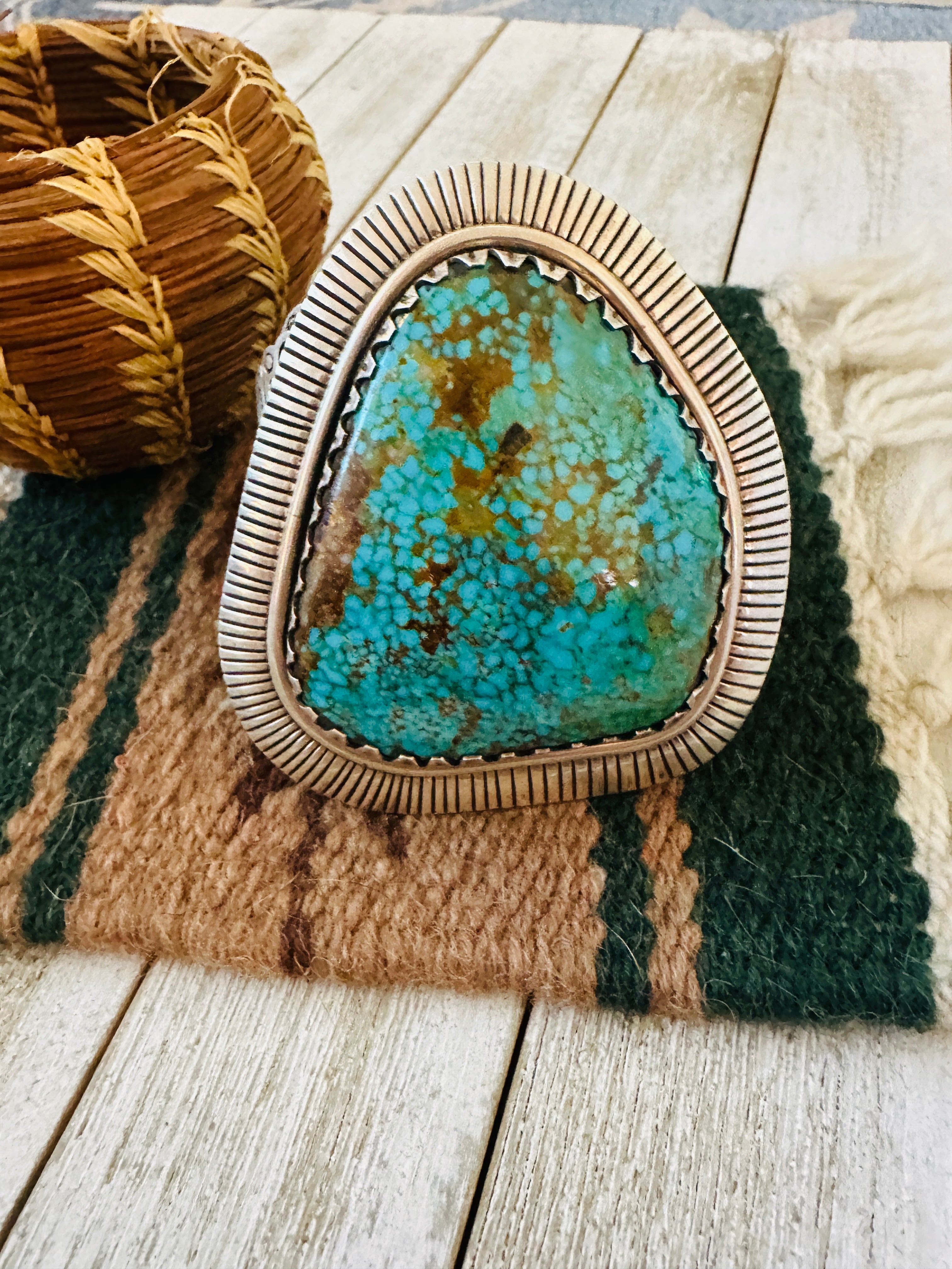 Old Pawn Handcrafted Sterling Silver & Spider Web Kingman Turquoise Cuff Bracelet