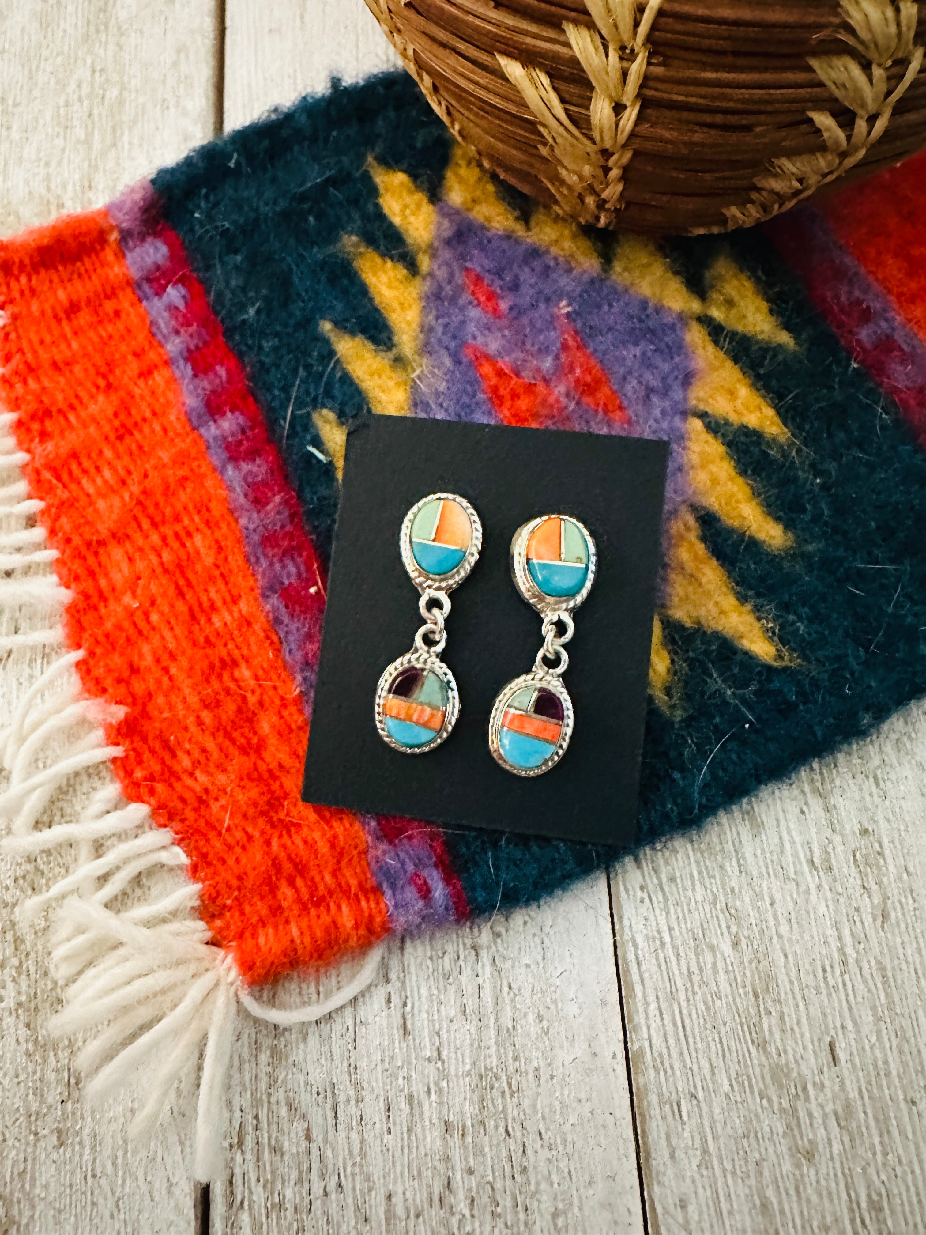 Navajo Sterling Silver & Multi Stone Inlay Dangle Earrings