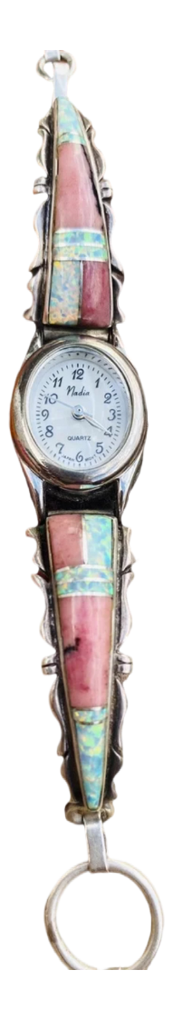 Old Pawn Vintage Navajo Pink Coral, Opal & Sterling Silver Inlay Watch