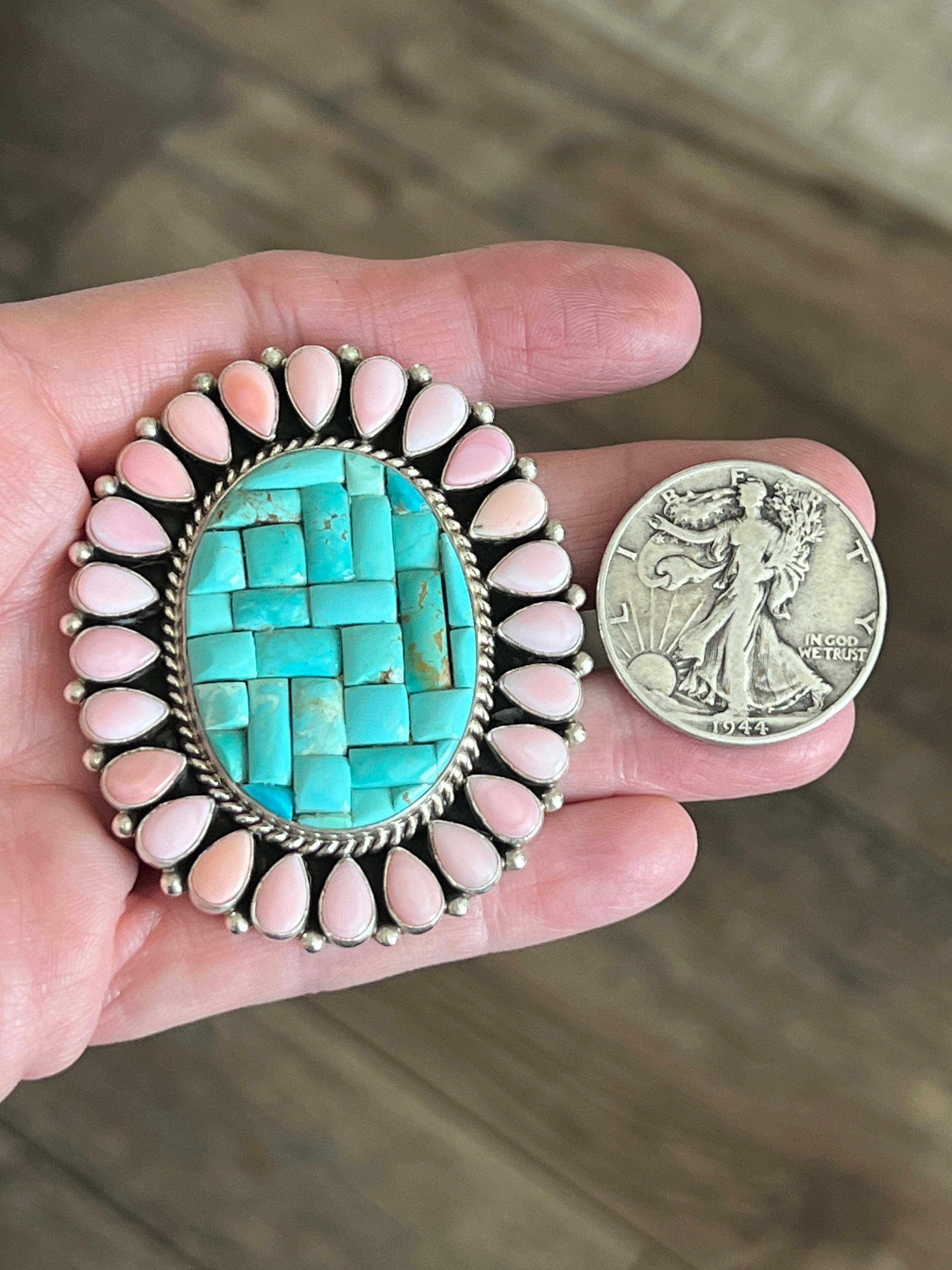 Handcrafted Cobblestone Kingman Turquoise and Pink Conch Cluster Ring by Aaron Tallis, Adjustable