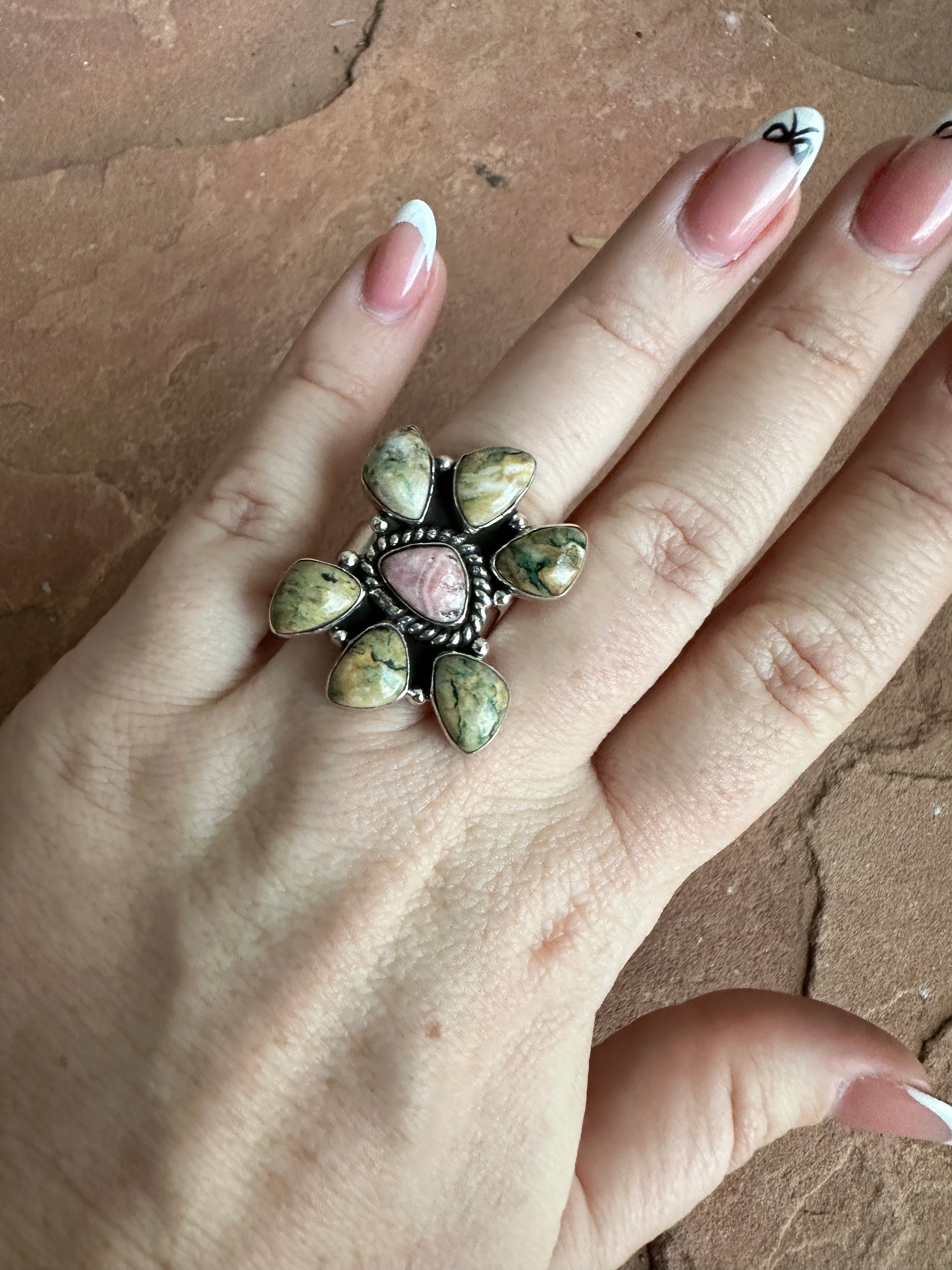 Beautiful Handmade Rhodointe, Rainforest Rhyolite And Sterling Silver Adjustable Cluster Ring