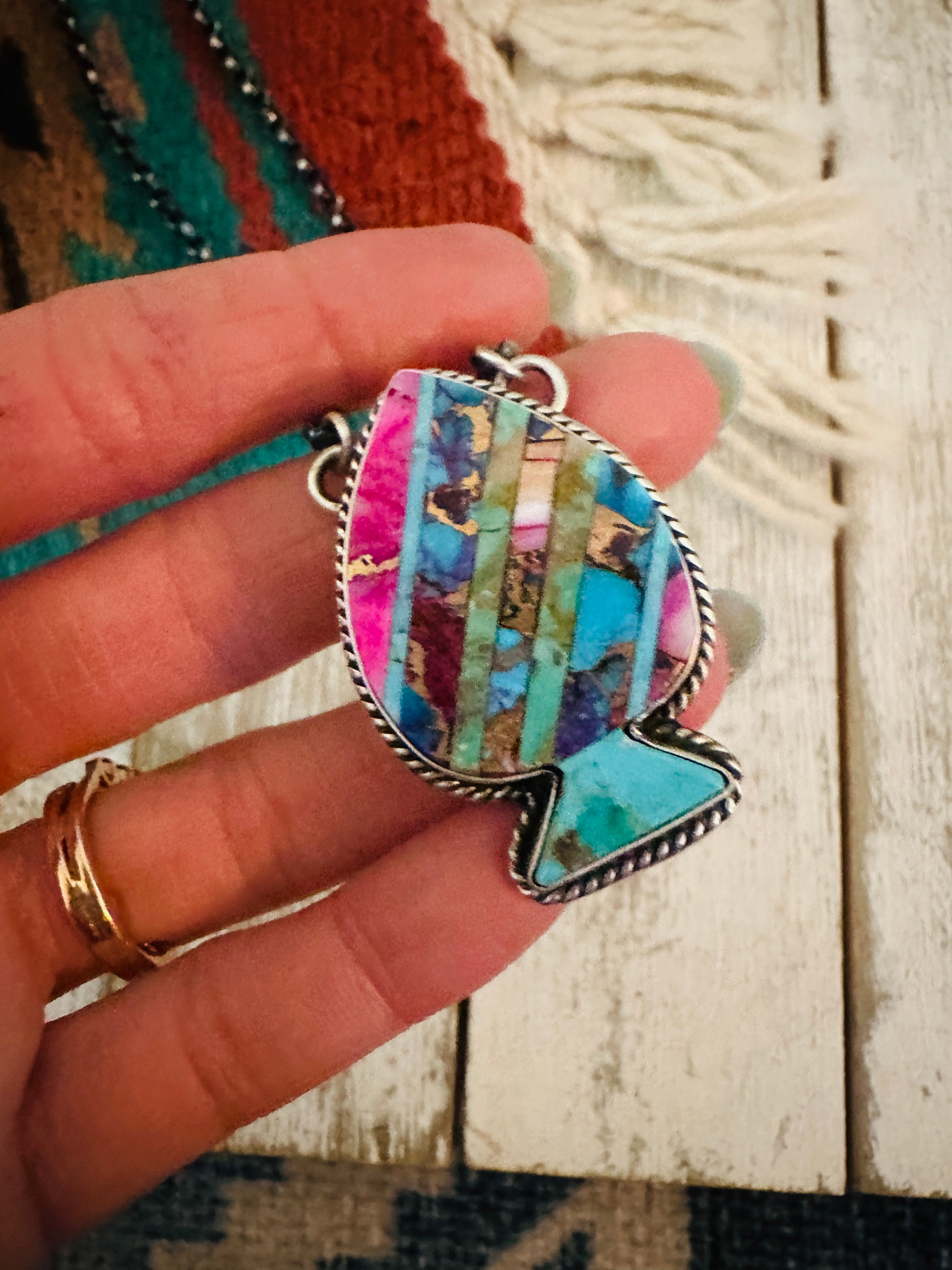 Navajo Sterling Silver & Multi Stone Inlay Spade Necklace