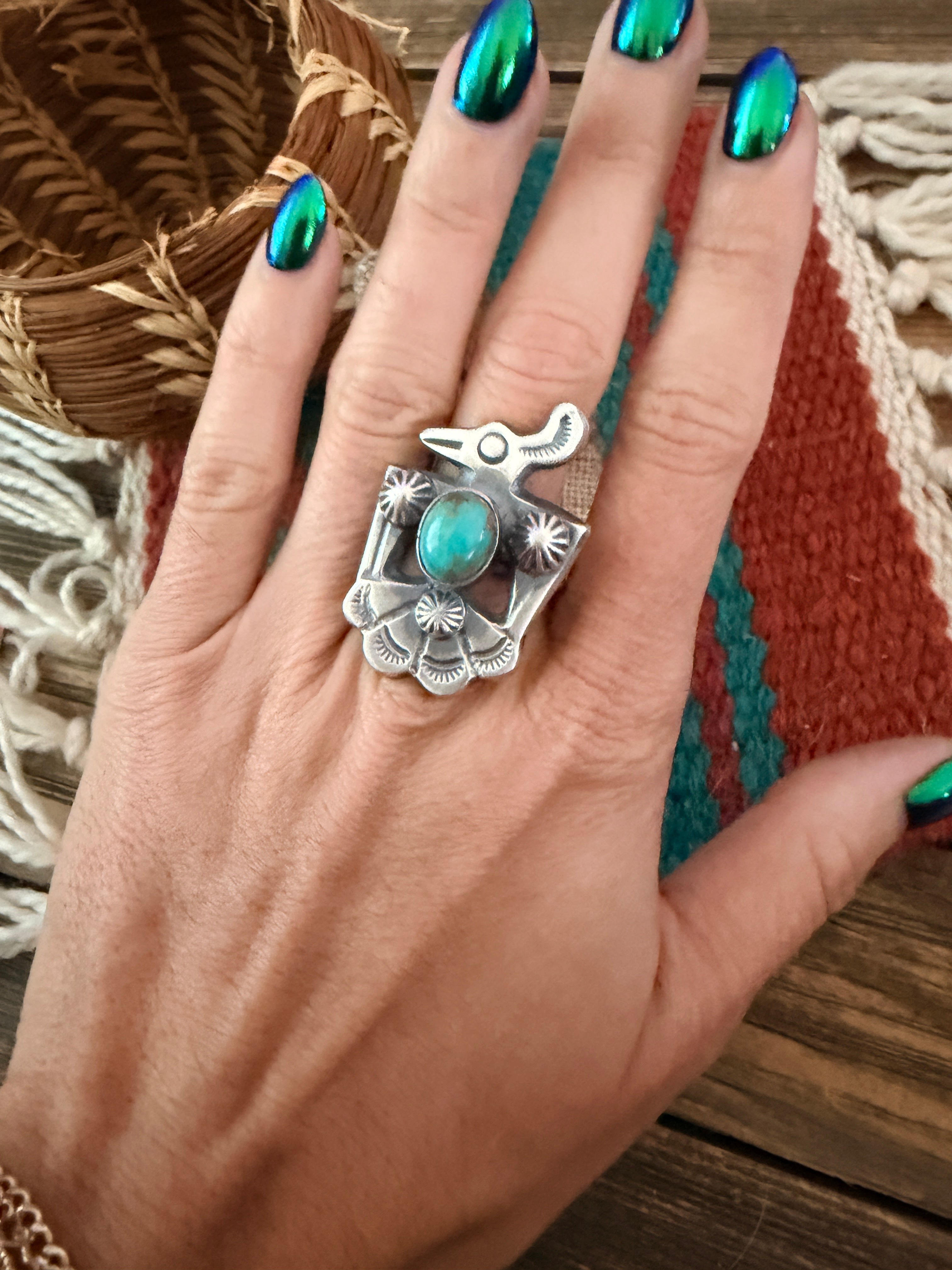 Handcrafted Turquoise and Sterling Silver Thunderbird Ring size 8.5 by Chimney Butte