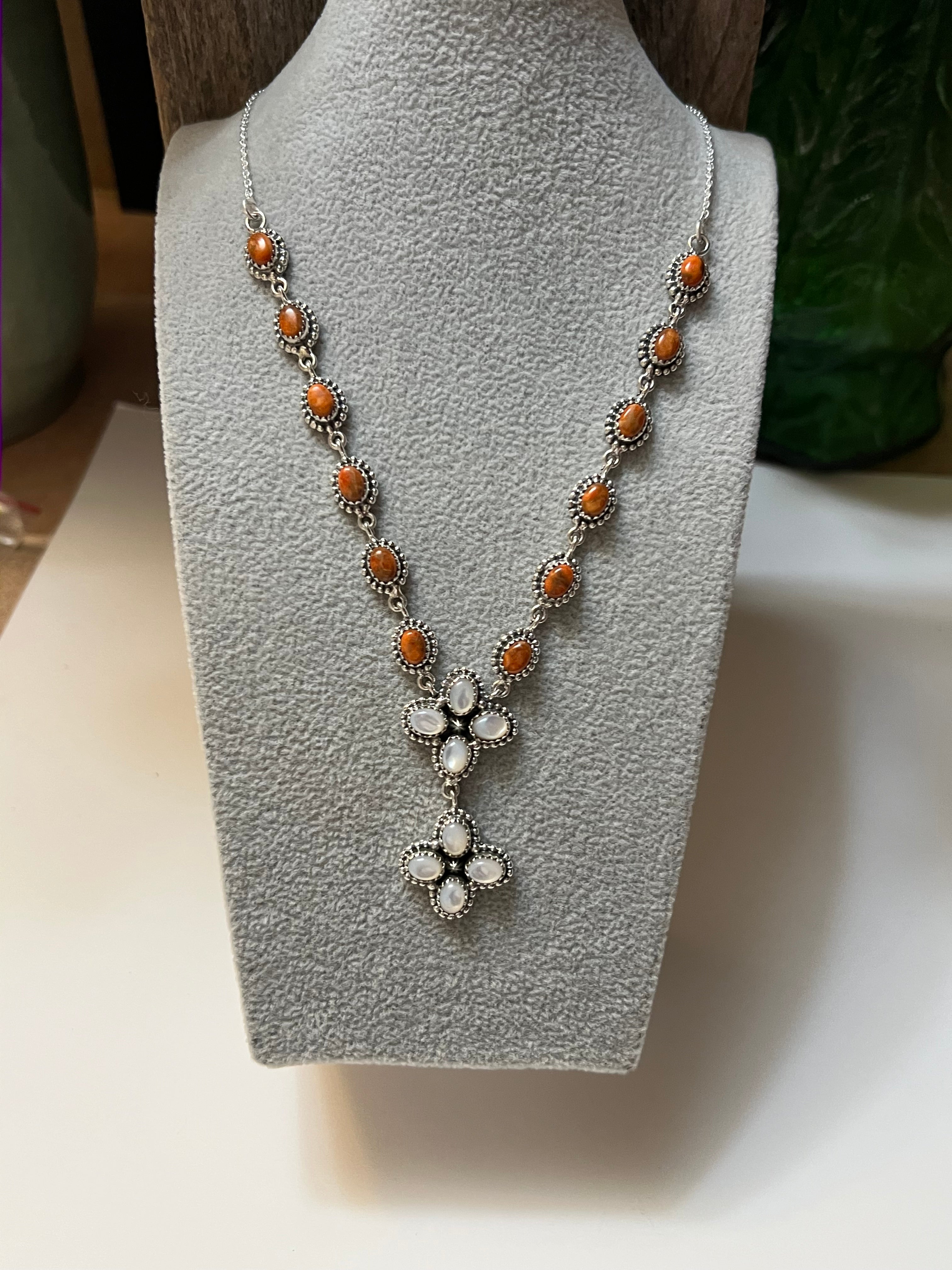 Handmade Sterling Silver, Spiny Orange & Mother of Pearl Lariat Necklace